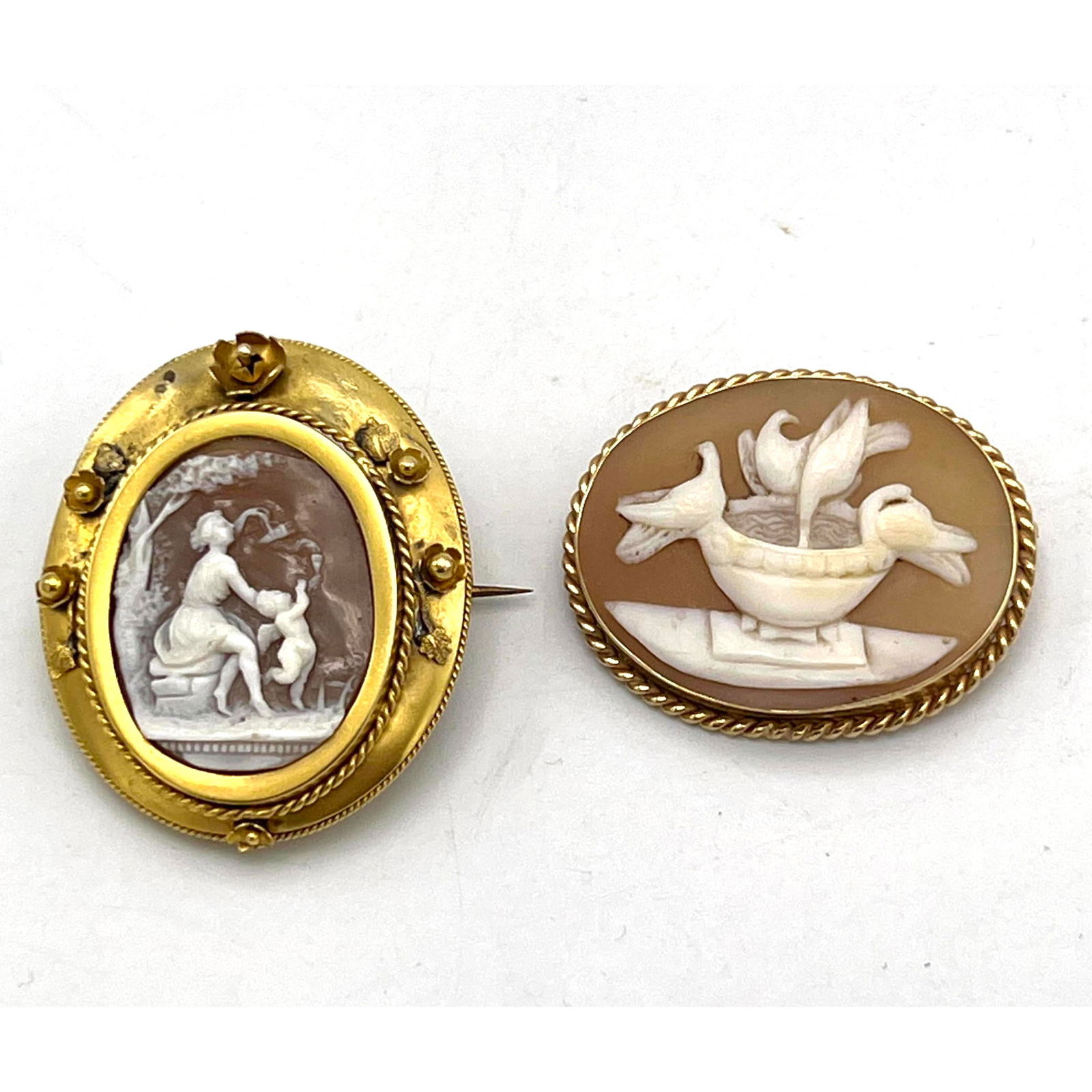 2 - carved shell cameo pins, both test 18K gold. Unmarked. Classical Images. Birdbath, woman and chi (1 of 8)