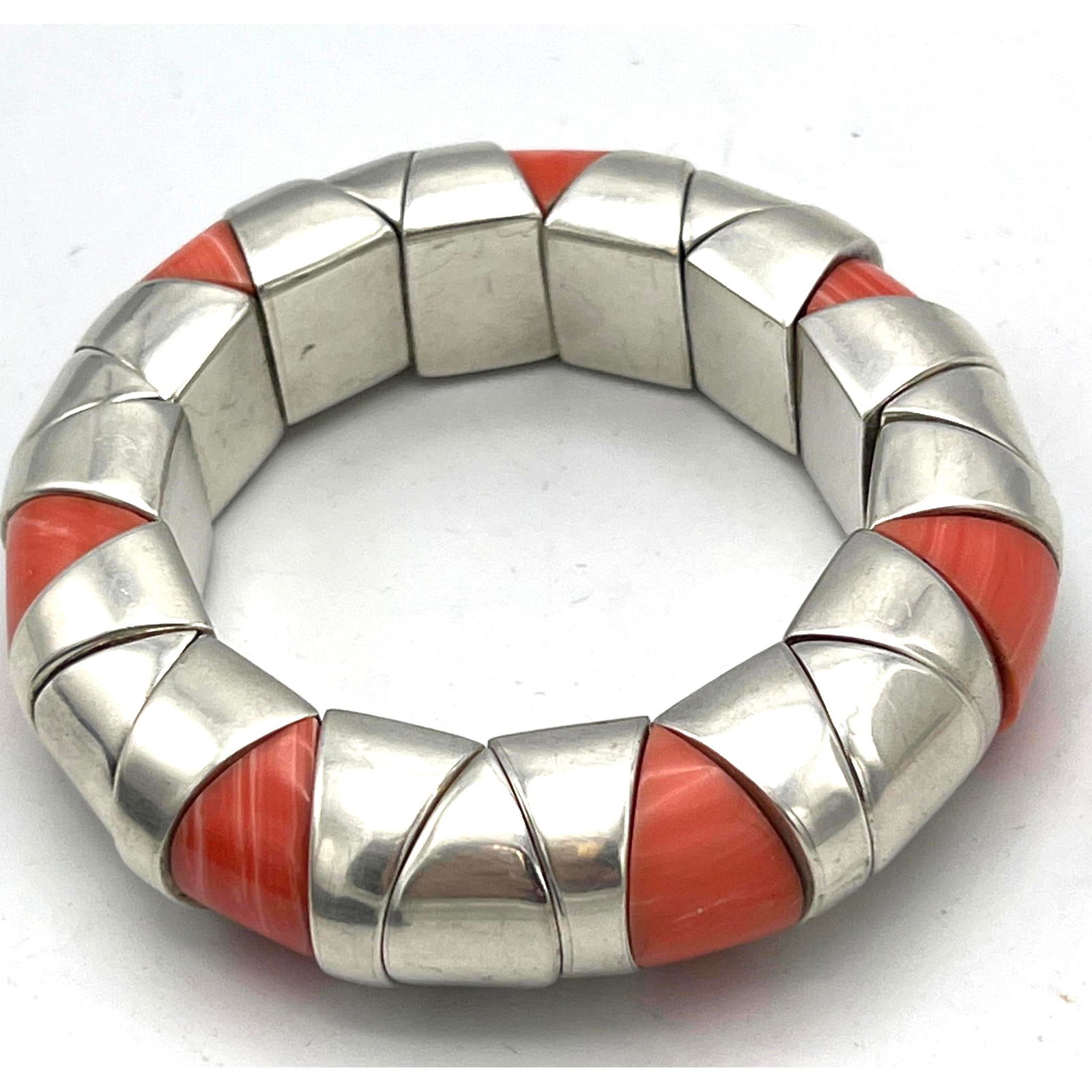 Mexican Sterling Silver Bracelet. Groups of 3 Sculptural Sterling elements interspersed with faux co (1 of 6)
