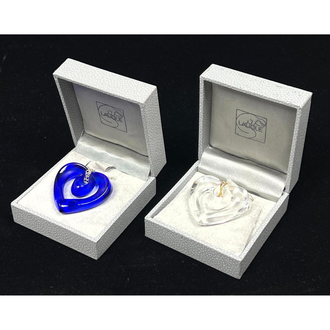 2pc LALIQUE France Crystal Heart Pendant Necklaces. In Boxes. one with 14k gold chain. Open loop for (1 of 7)