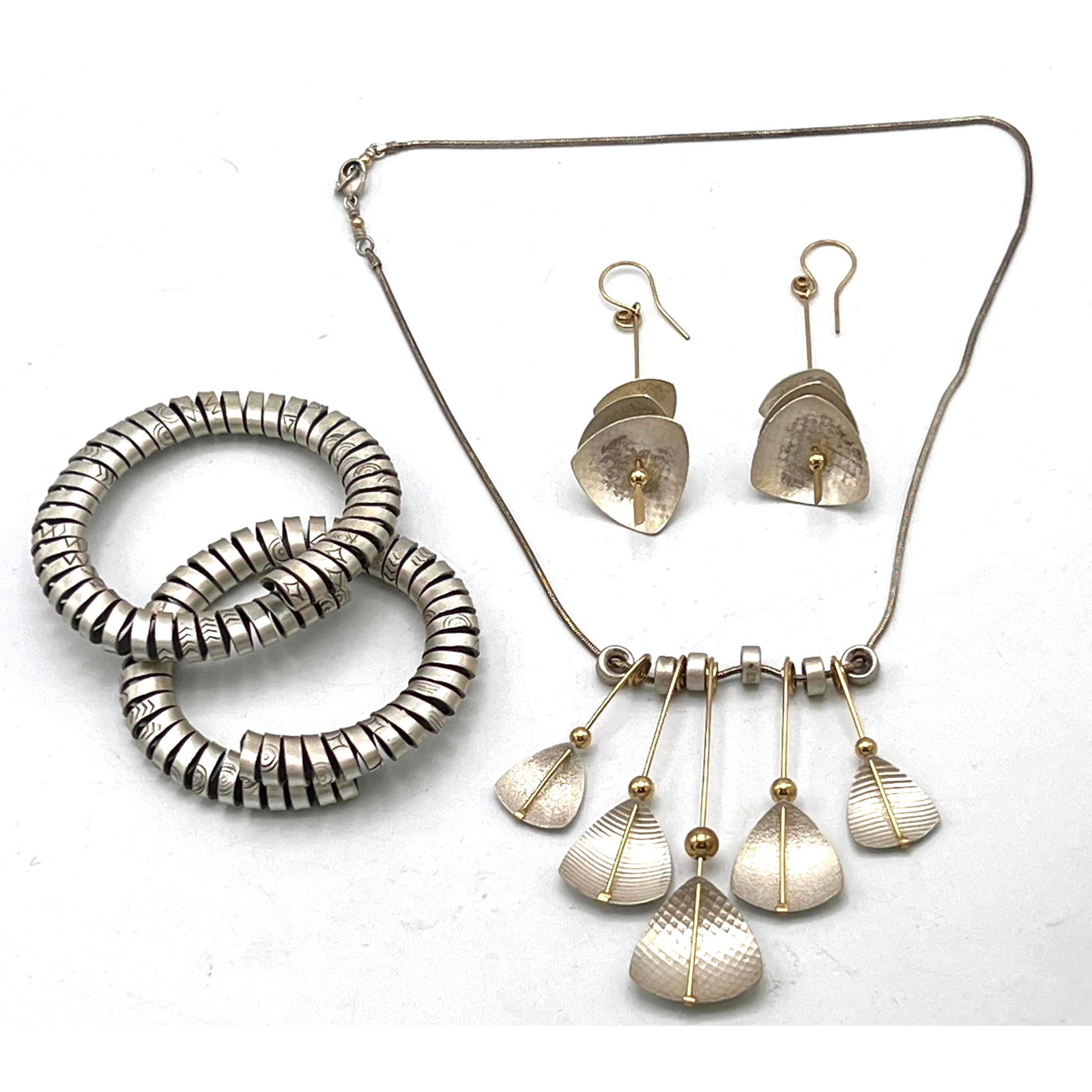 4pc CAROLYN ZAKARIJA Sterling Silver Gold Fill Jewelry. Pr Necklace with paddle sail form pendants. (1 of 8)