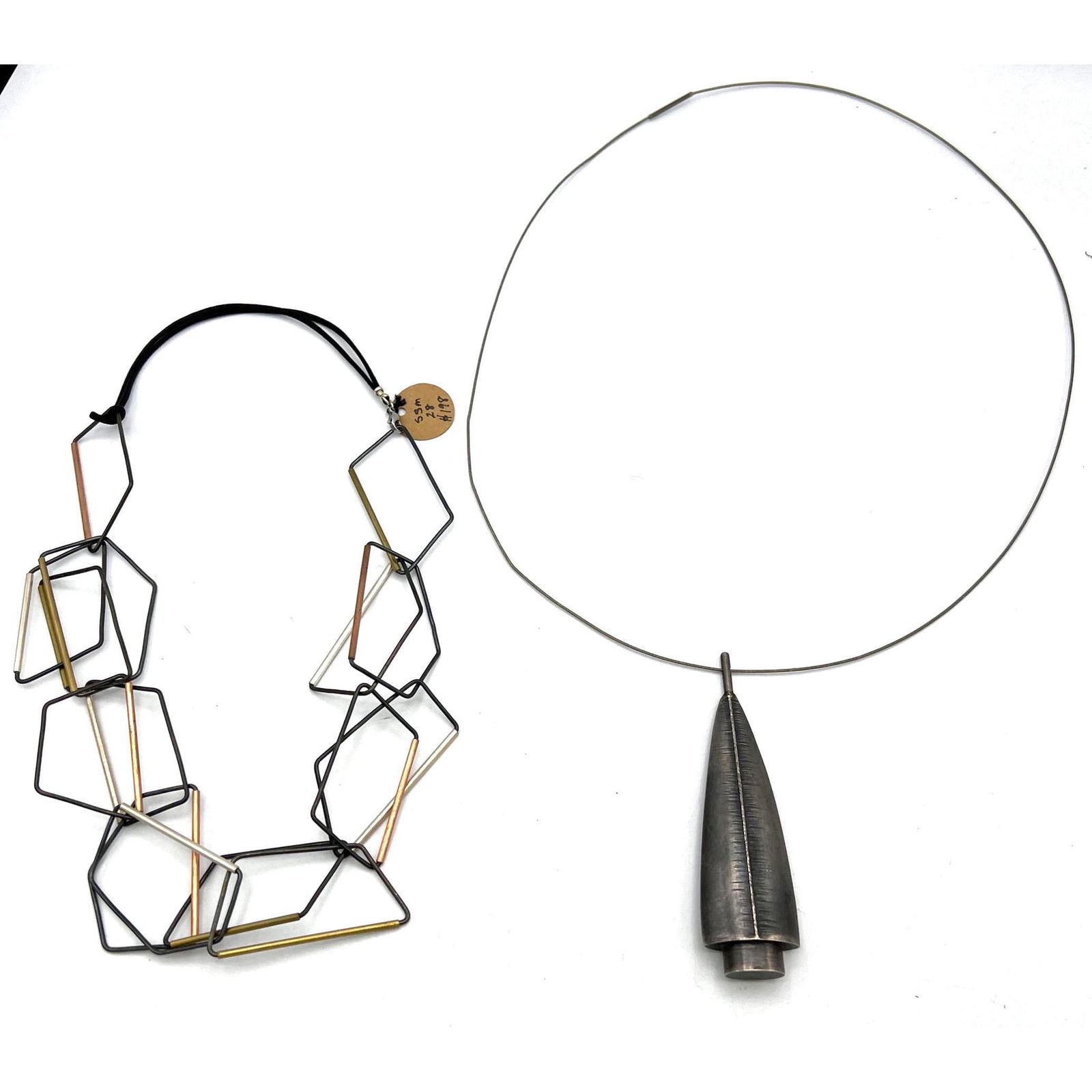 2pc Artist Studio Necklaces. LAURA HUTCHCROFT Sterling, Copper and Brass Modernist Necklace on Black (1 of 10)