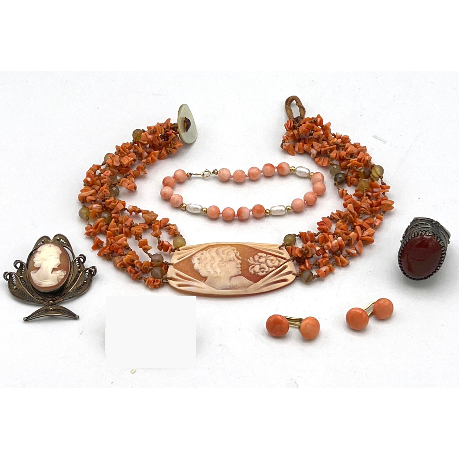 6pc Antique and Vintage Jewelry Lot. 1). Coral bead and pearl bracelet. 2). Coral Cufflinks. 3) Carv (1 of 14)