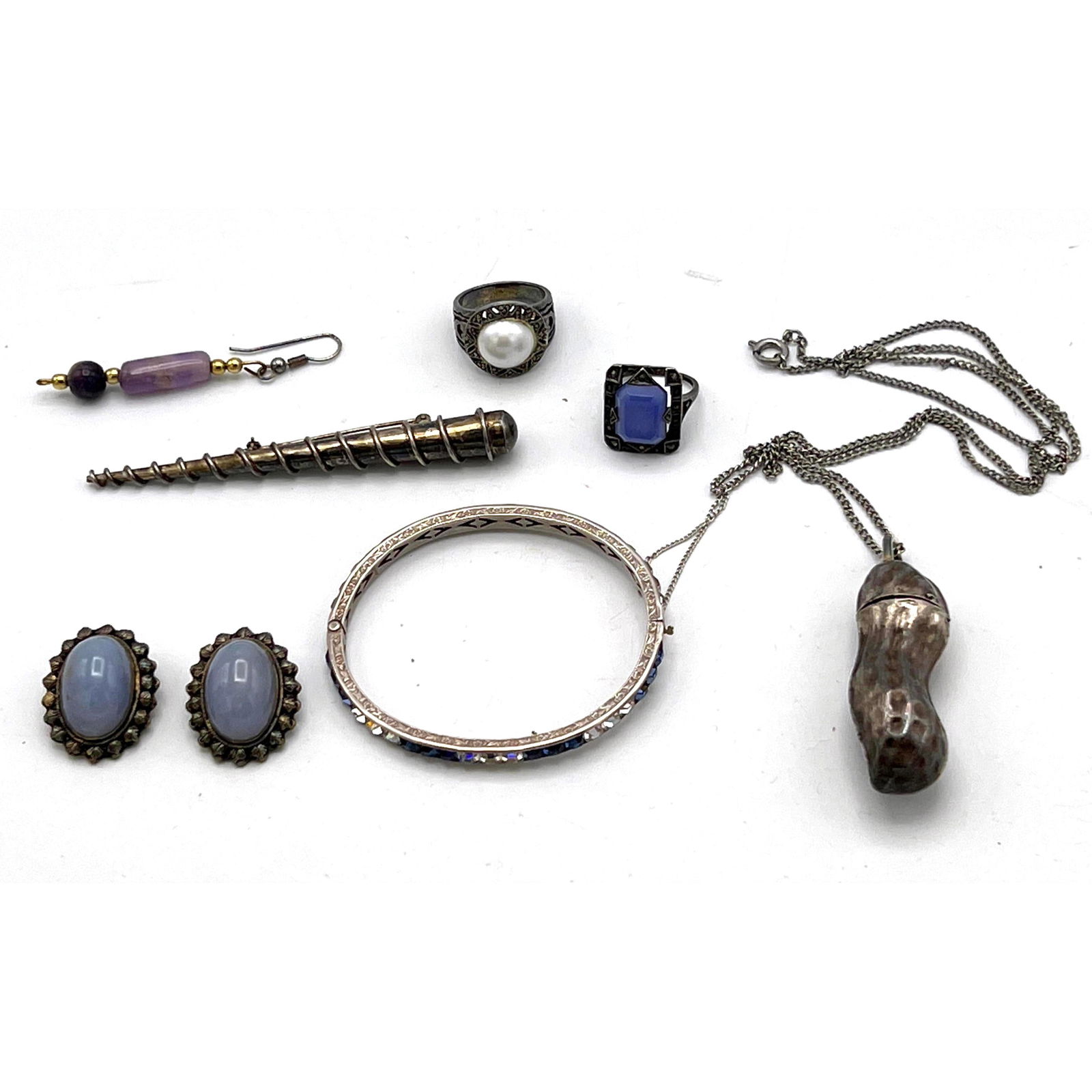 Mixed Jewelry Lot. Mostly Sterling Silver. Figural peanut pendant. (1 of 9)