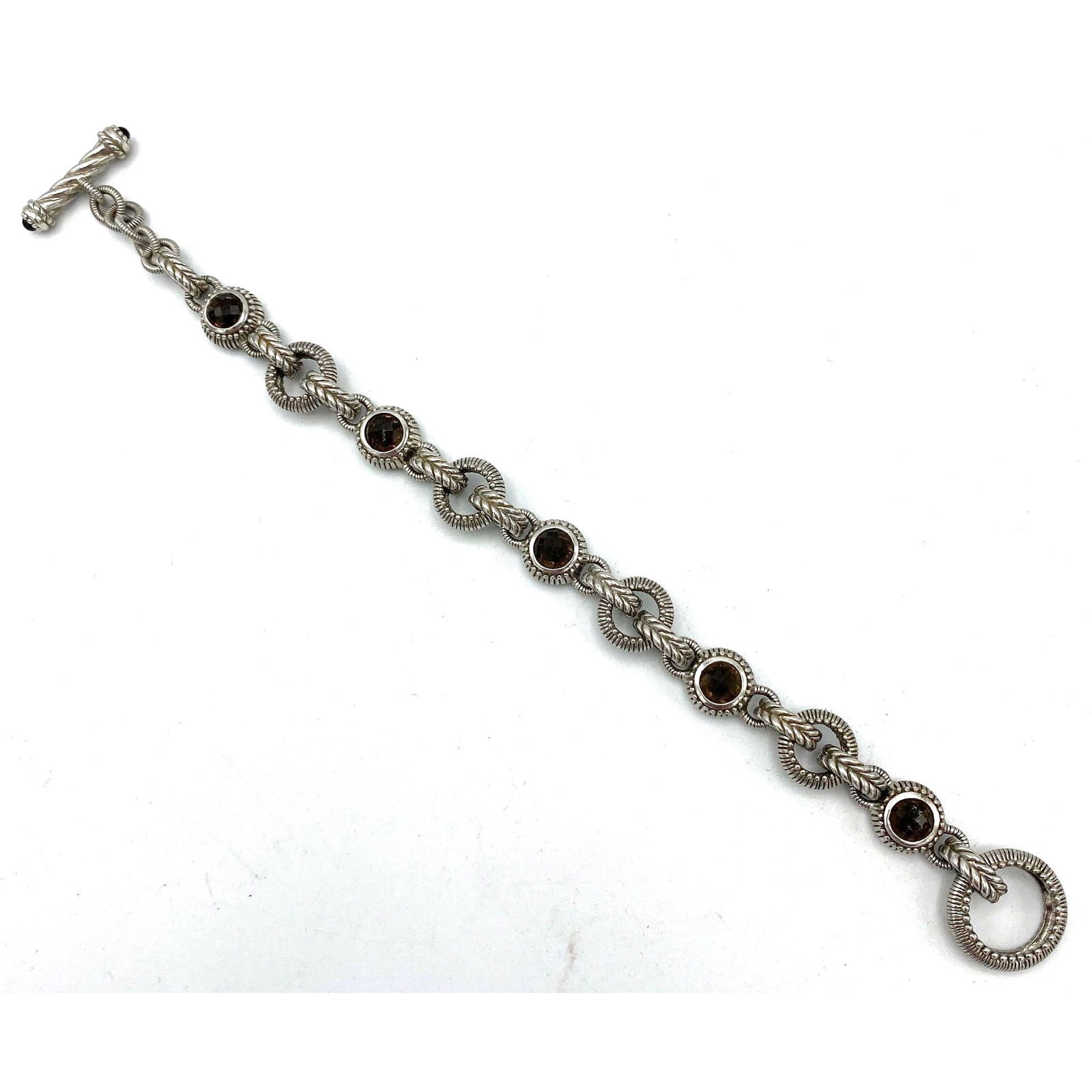 JUDITH RIPKA Sterling Silver Smoky Quartz Bracelet. Heavy round links with interspaced Smoky quartz (1 of 19)