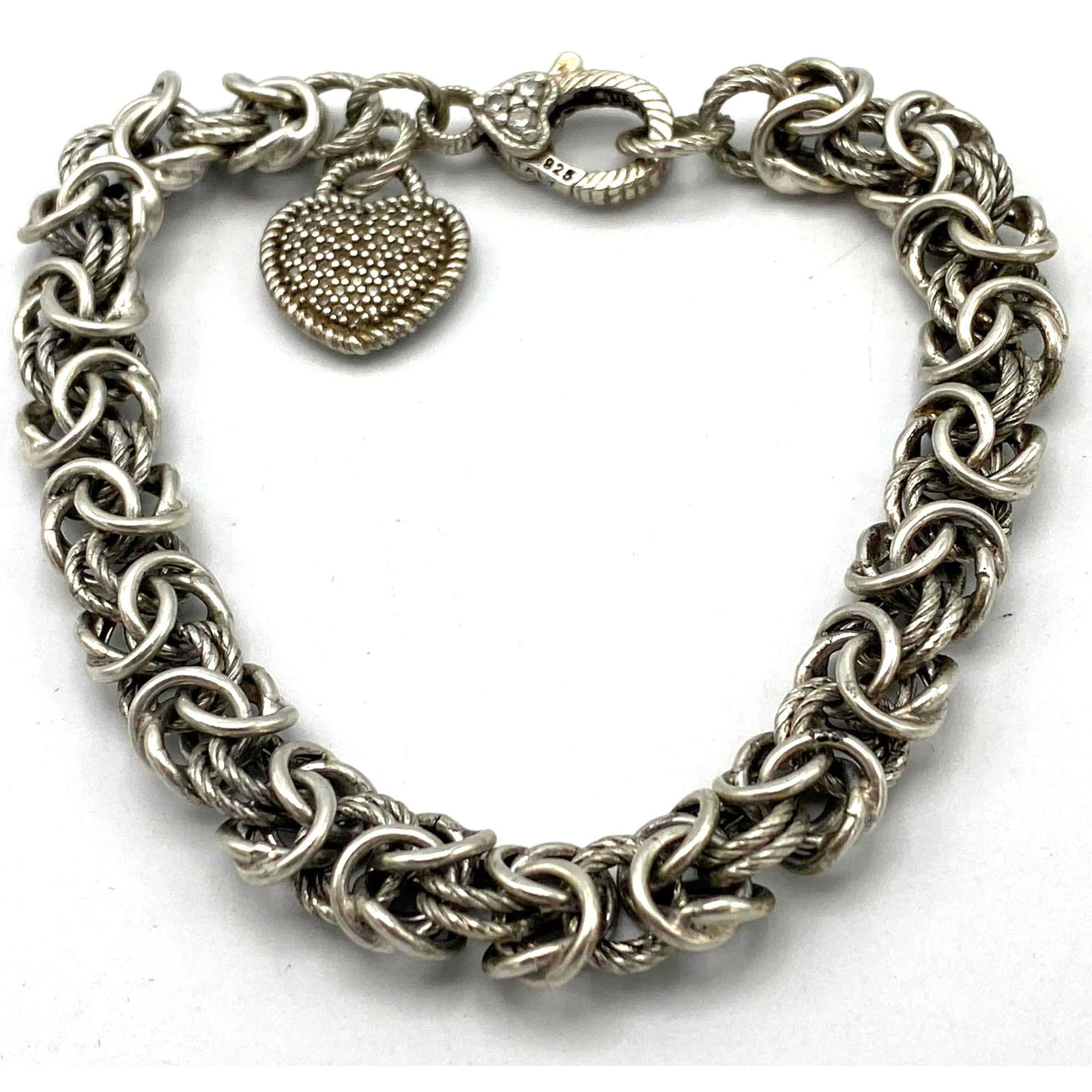 JUDITH RIPKA Sterling Silver Heavy chain bracelet. CZ closed heart charm. (1 of 6)