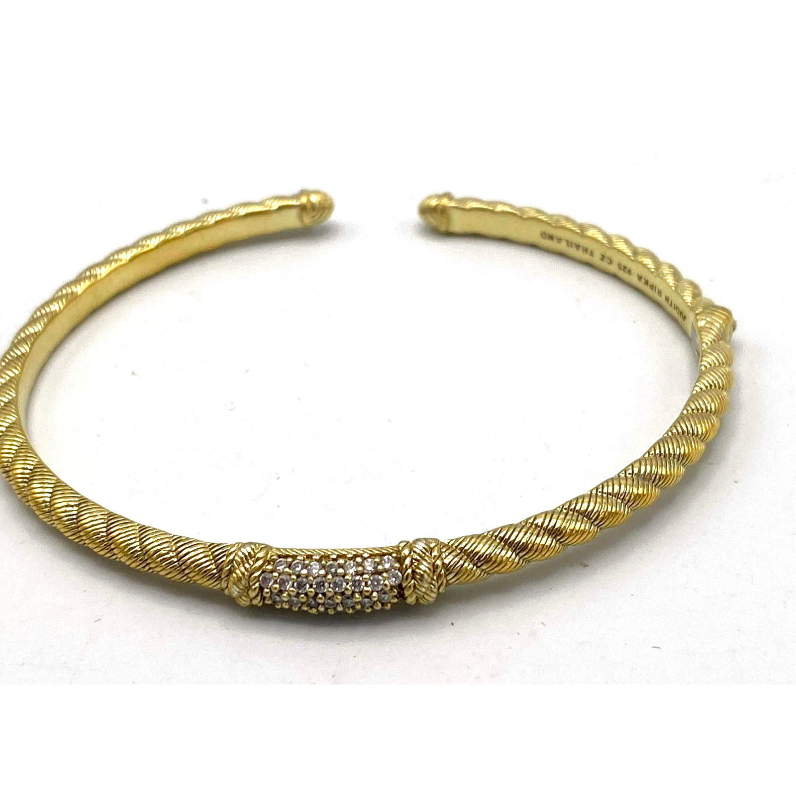 JUDITH RIPKA Sterling Silver  Vermeil Hinged Bracelet. Pave CZs in center design. Marked. (1 of 10)