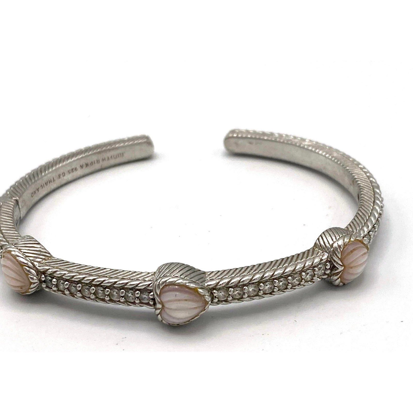 JUDITH RIPKA Sterling Silver Cuff Bracelet pink Mother of Pearl Shell Heart Details. Marked. (1 of 8)
