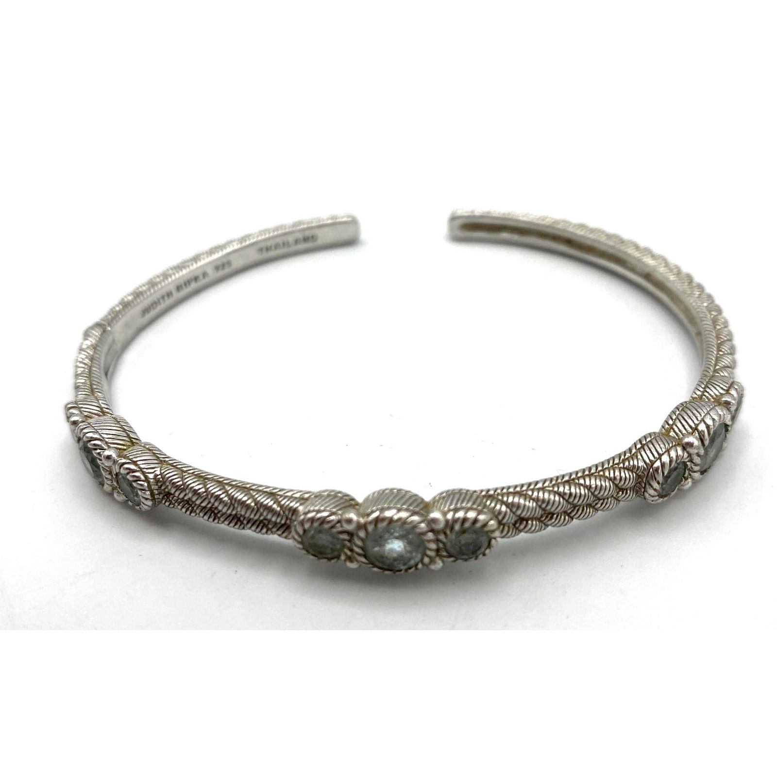 JUDITH RIPKA Sterling Blue Topaz Hinged Bracelet. Three stations each have three faceted stones. Mar (1 of 6)