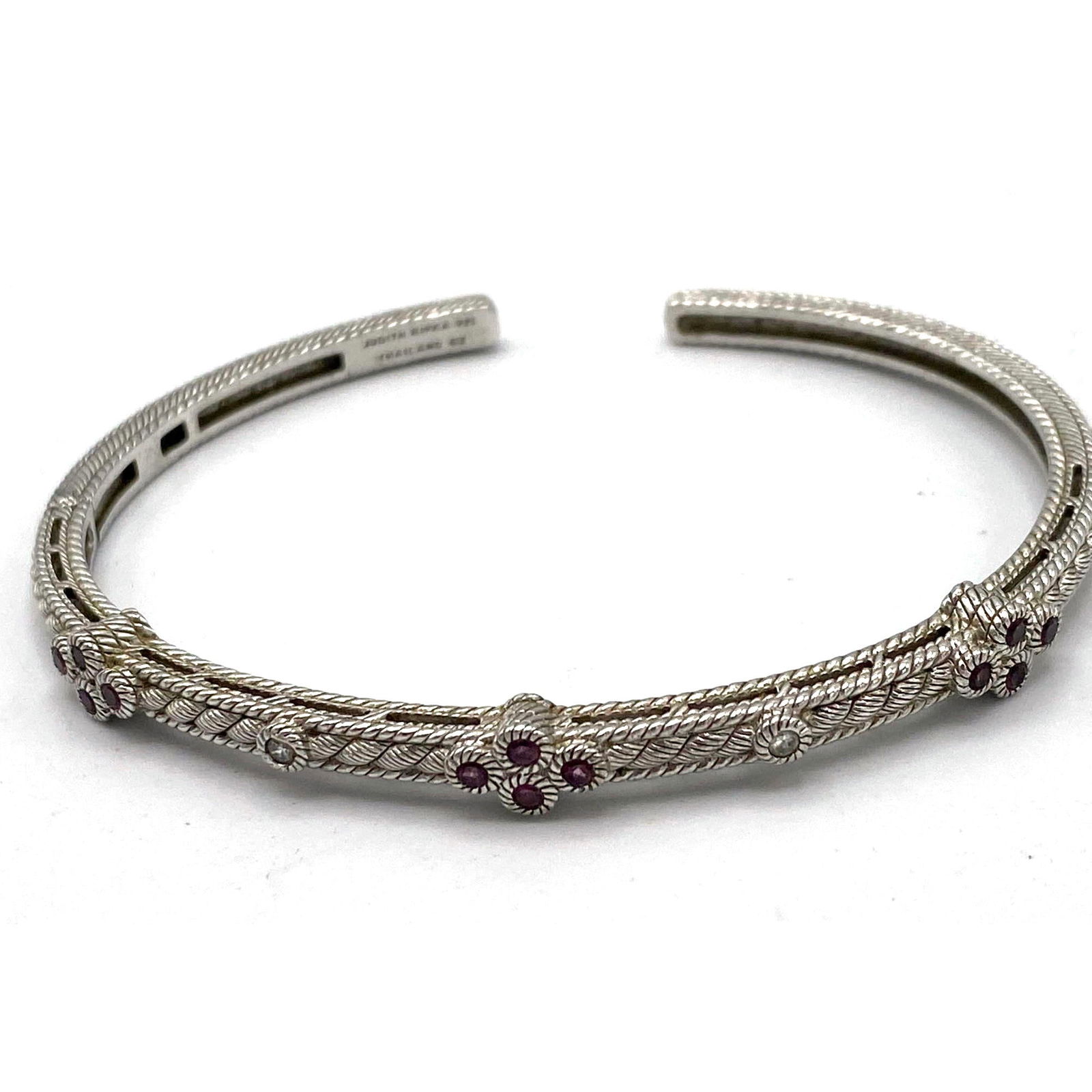 JUDITH RIPKA Ruby Sterling Silver Hinged Bracelet. Thin rope cable design with Rubies and CZs. (1 of 7)