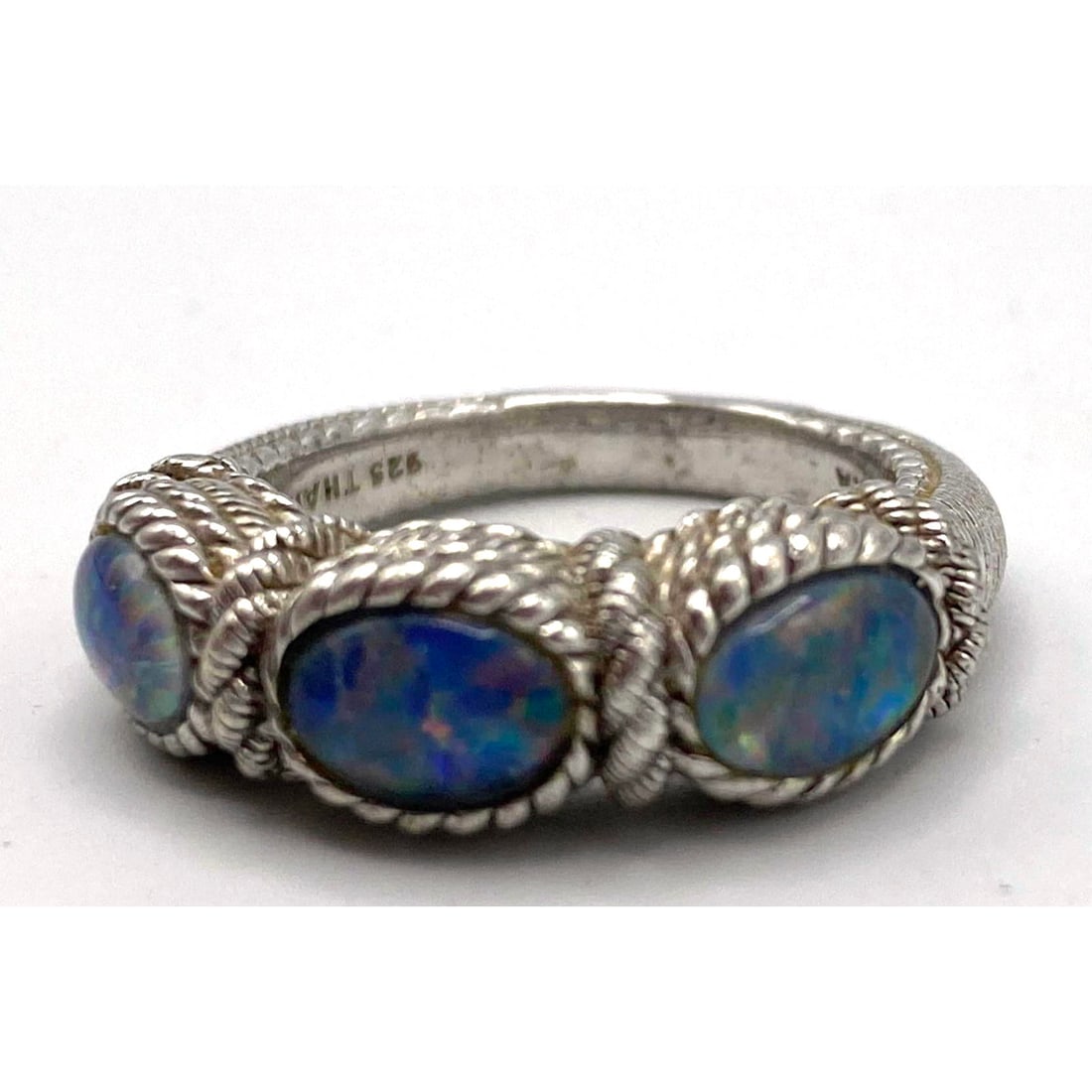 JUDITH RIPKA Sterling Silver Three Opal Ring. Silver twisted rope design with 3 Opal Triplets. Marke (1 of 8)