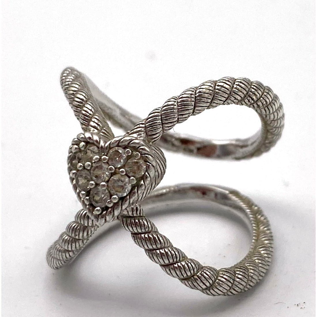 JUDITH RIPKA Sterling Silver CZ Heart Ring. "X" form twisted rope design. Marked. Size 7. (1 of 7)