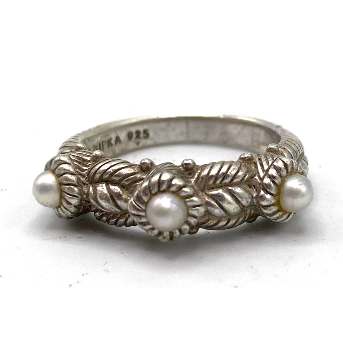JUDITH RIPKA Sterling Silver Three Pearl Ring. Small Pearls set in twisted rope frames. Marked. Size (1 of 8)
