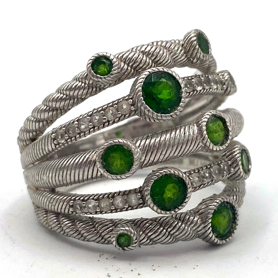 JUDITH RIPKA Sterling Silver 5 band Ladies Ring. Each stacked band has two bezel set green stone acc (1 of 7)