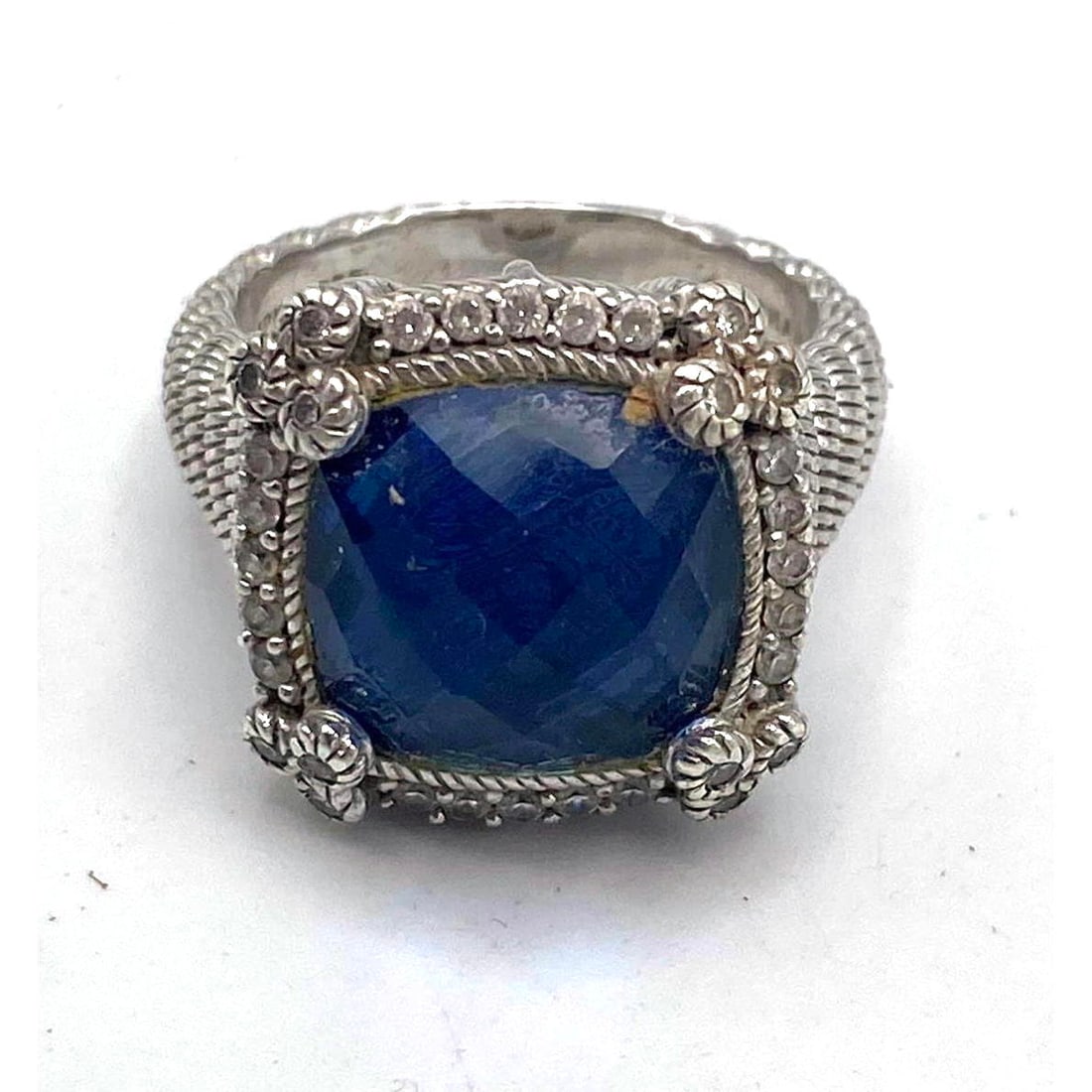 JUDITH RIPKA Sterling Silver Large Blue Stone Ring. Domed Faceted Stone in Classic Twisted rope sett (1 of 7)