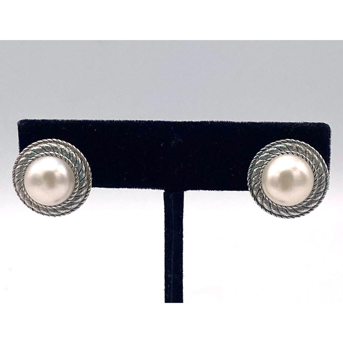 PAIR JUDITH RIPKA Sterling Silver Pearl Earrings. Pierced. Cable design frames. Marked. (1 of 8)
