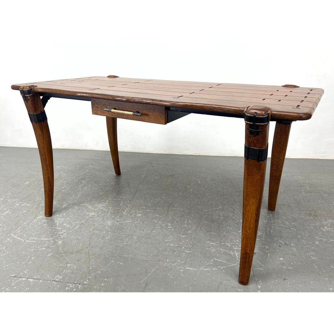 Pacific Green Mendi Desk Table with single drawer.  Unmarked. Unusual Design and Construction. Legs (1 of 14)