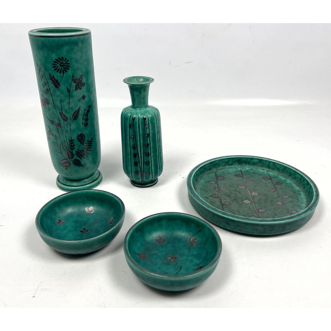 5pcs Gustavsberg Argentaware Sweden Tablewares. 2 vases and 3 small dishes. Silver overlay. (1 of 14)