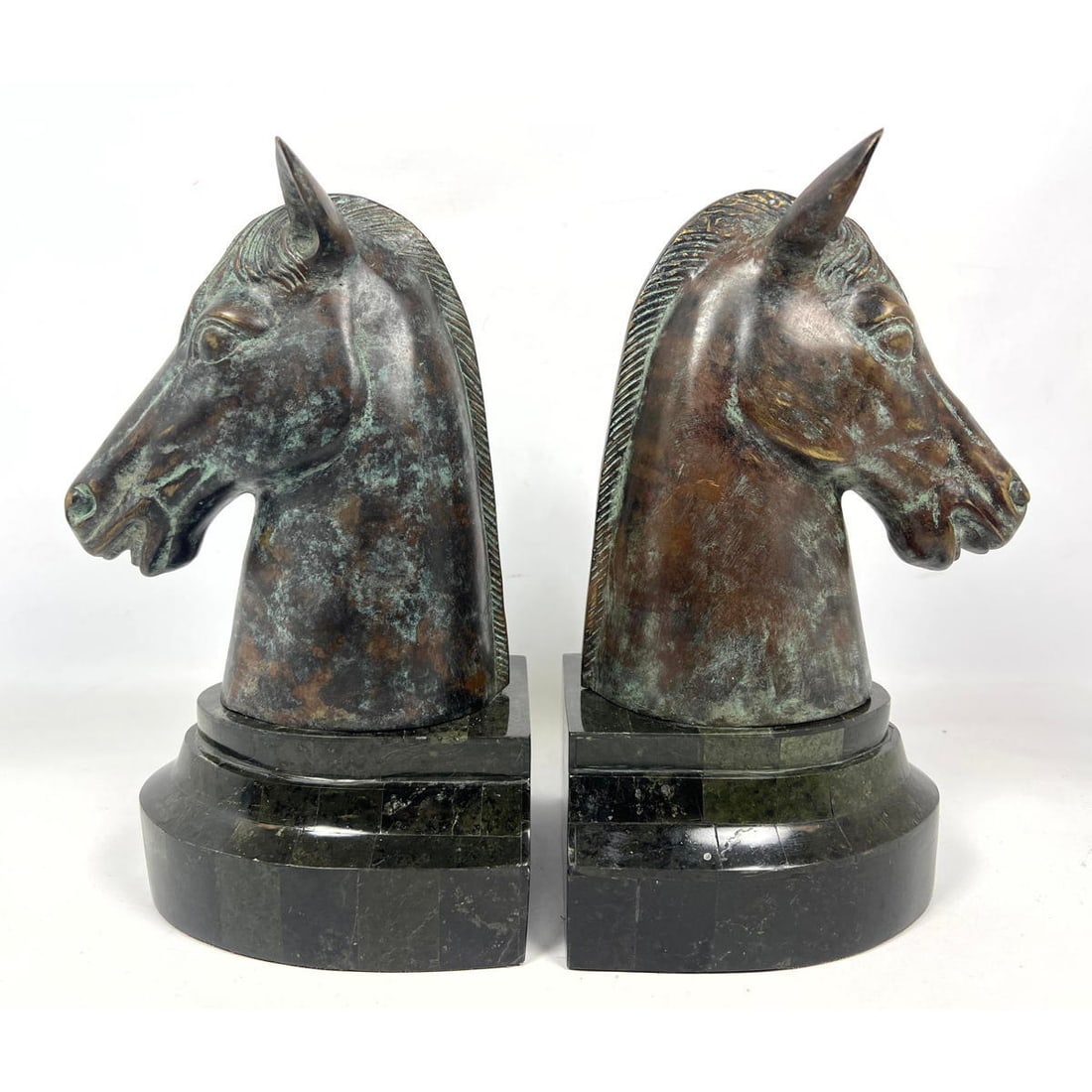 Pair Maitland Smith horse head book ends. Bronze Sculptures. Veneer marble bases. (1 of 20)