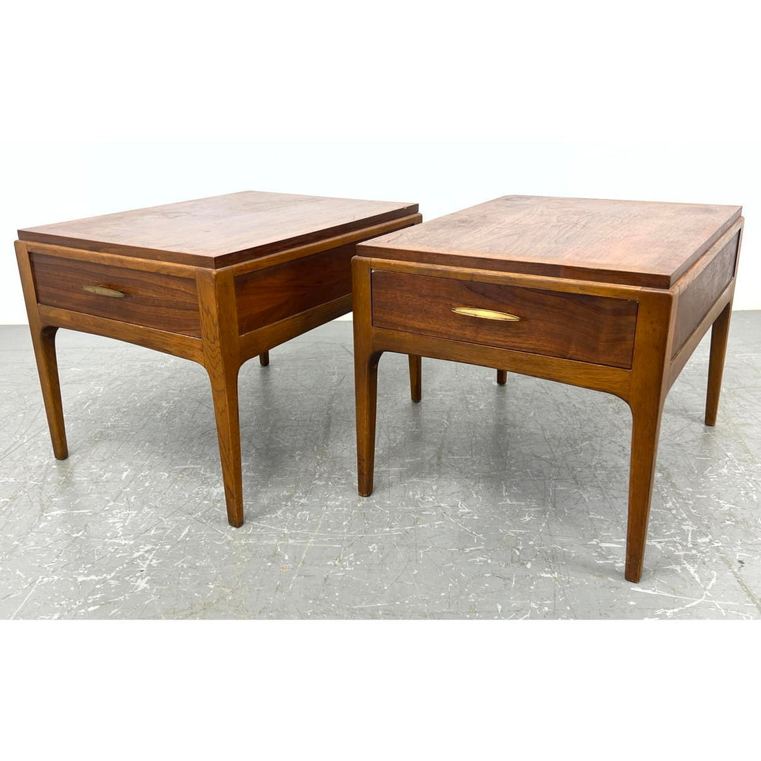 Pair Lane Mid Century Modern Side End tables with single drawer.: Pair Lane Mid Century Modern Side End tables with single drawer. Dimensions: Height: 20 inches, Width: 21.25 inches, Depth: 27 inches. ---