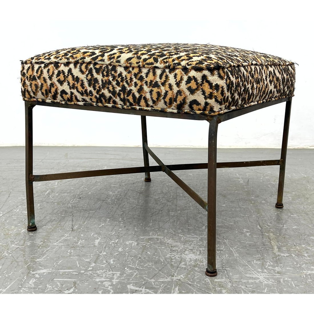 Paul McCobb style Foot Stool Ottoman. Metal Base. Leopard print fabric. (1 of 10)