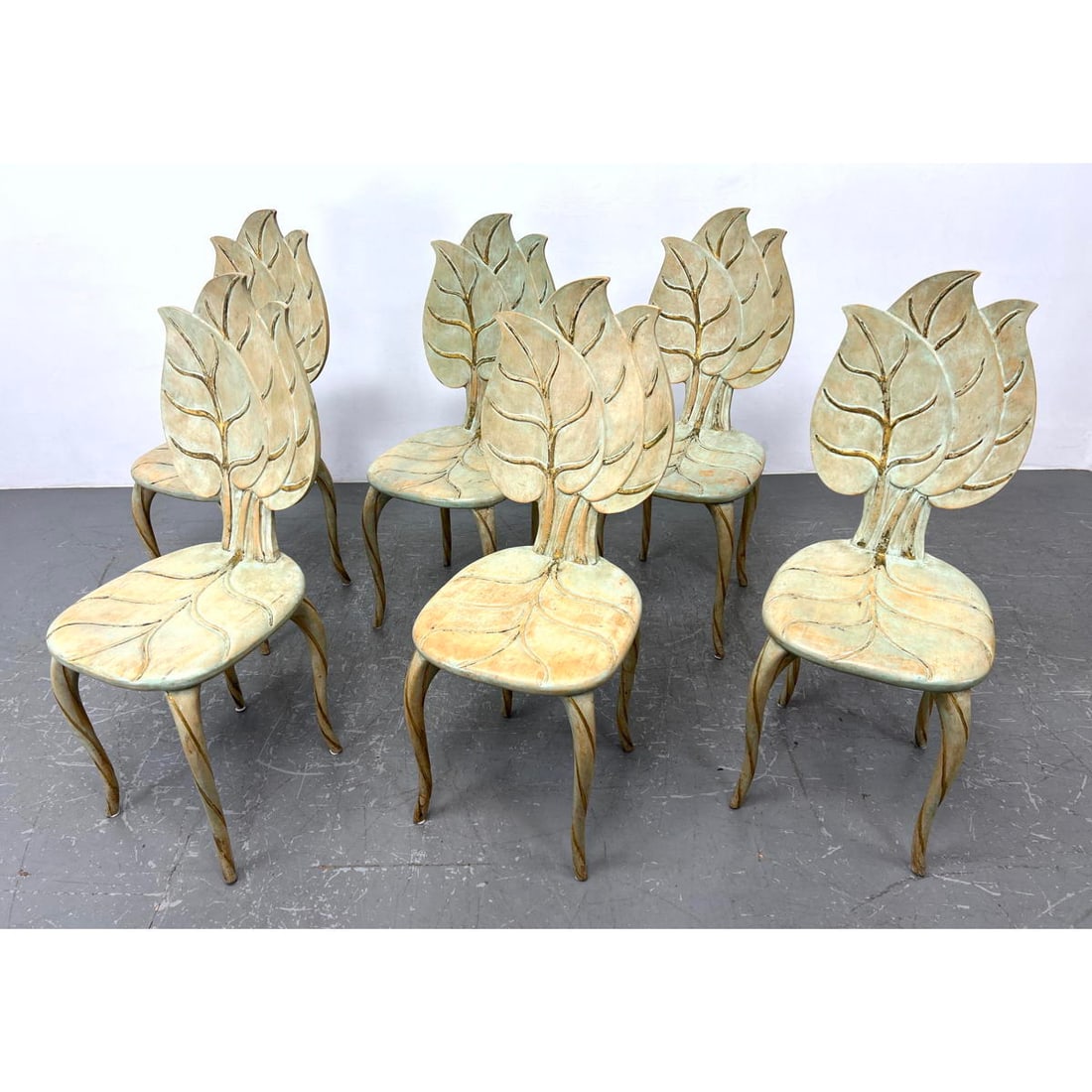 Set 6 Art Nouveau wood leaf form dining chairs. Style of Bartolozzi and Maioili. Sculptural carved w (1 of 20)