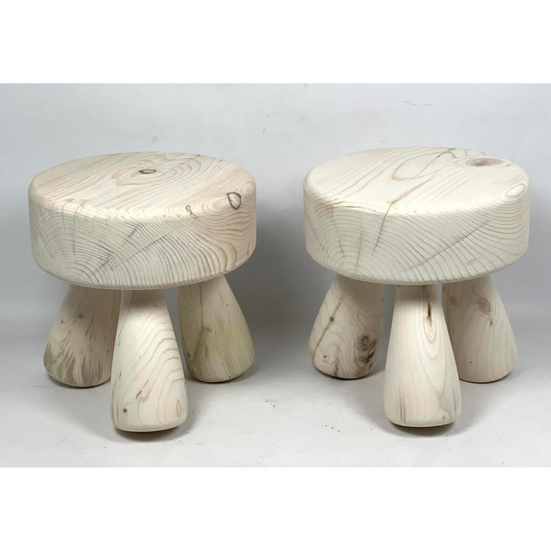 2pc contemporary Charlotte Perriand style white washed 3 legged stools. (1 of 9)