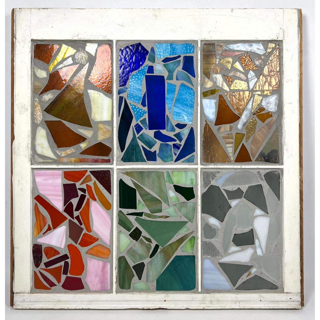 SUE M Stained Glass Mosaic in Old Window Frame. Frame painted white. Inscribed on Frame. Looks best (1 of 9)