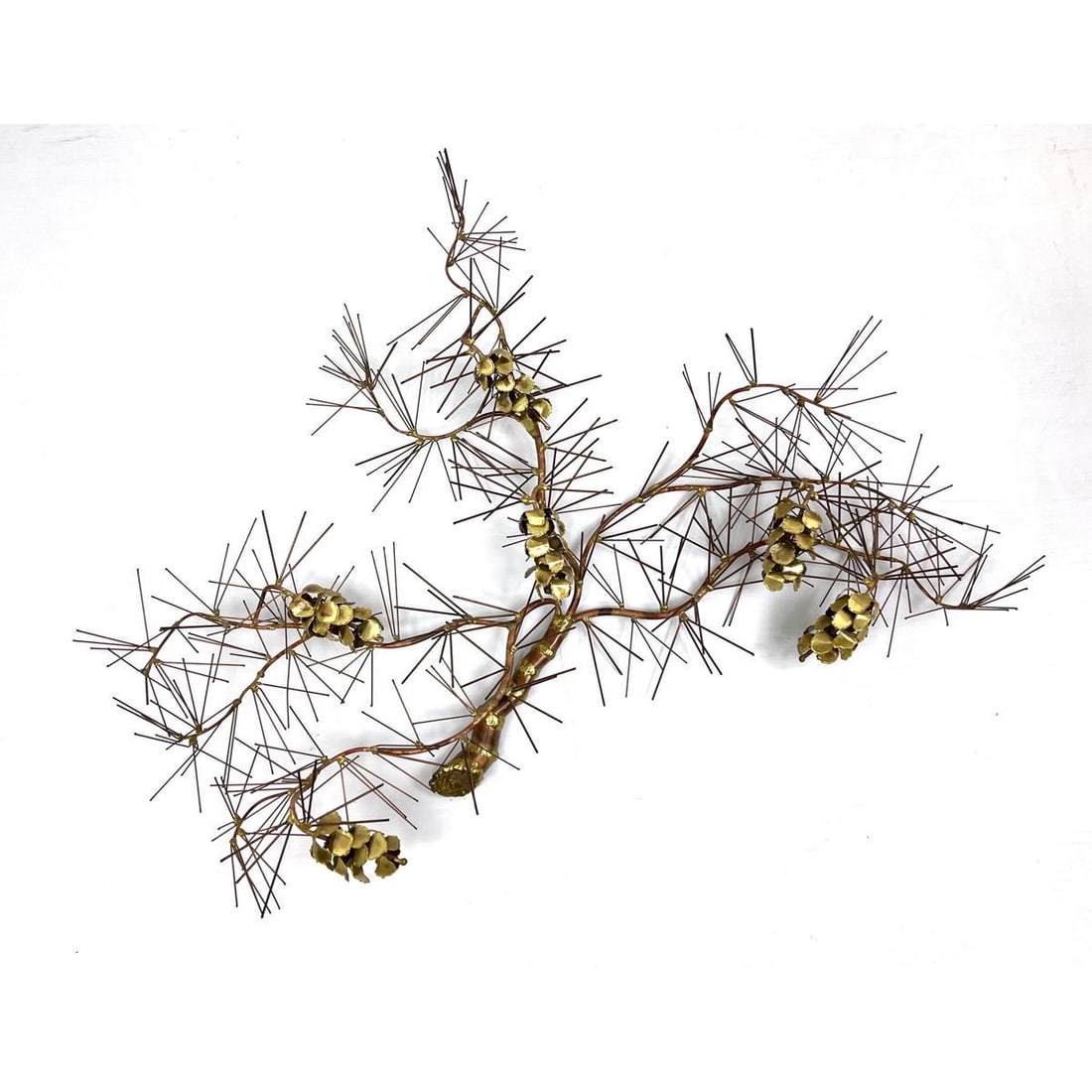 Mid Century Wall Sculpture. Evergreen Pine Branch with Brass Pine Cones. Mixed Metals. (1 of 10)