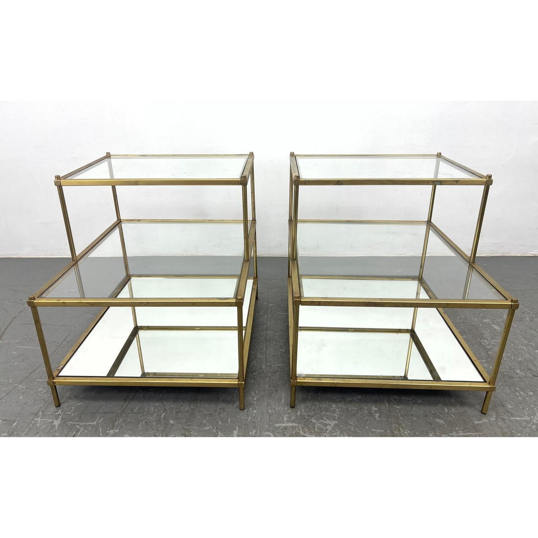 Pair Metal and glass step end tables. Each has mirror base level with 2 clear glass upper levels. Co (1 of 11)