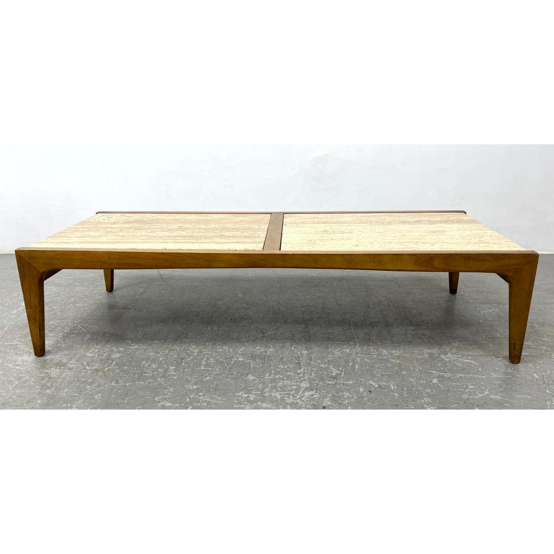 American Modern Walnut Travertine Marble Table. Long Coffee Table has two travertine slab top. (1 of 9)