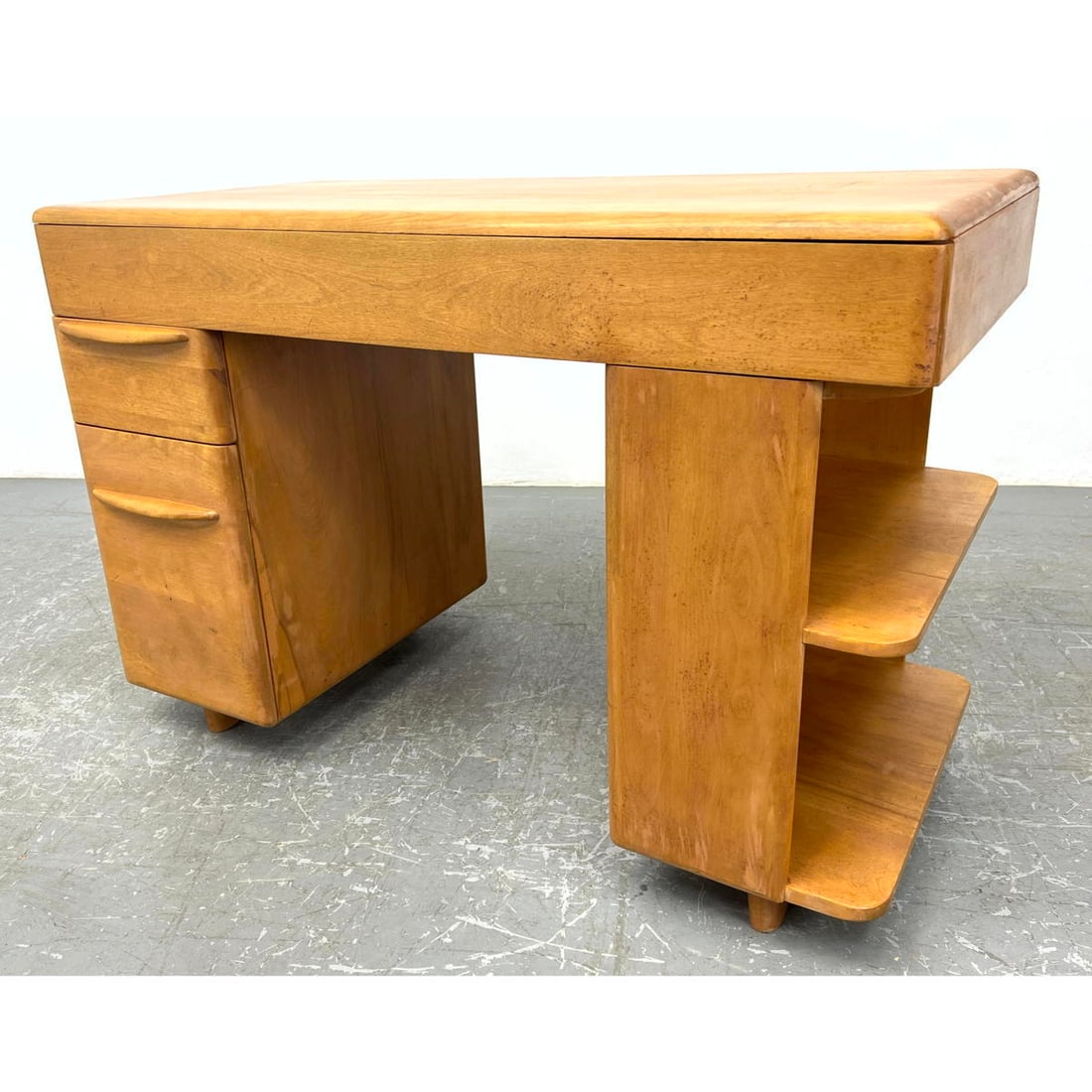 HEYWOOD WAKEFIELD Mid Century Modern Desk Bookshelf. Modernist desk with shelves on one side. Marked (1 of 12)