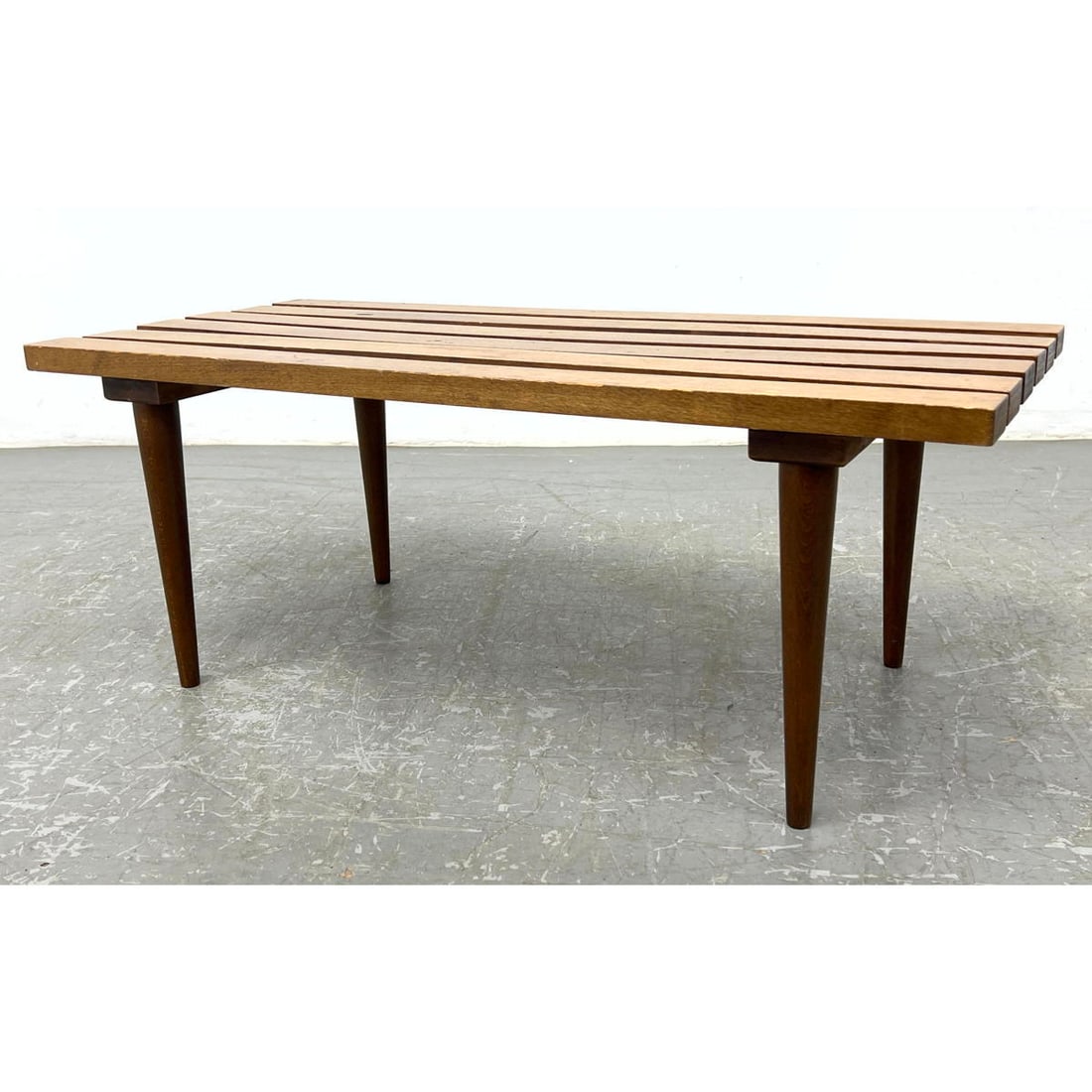 American Modern Slat Bench Coffee Table. Tapered Peg Legs. (1 of 11)