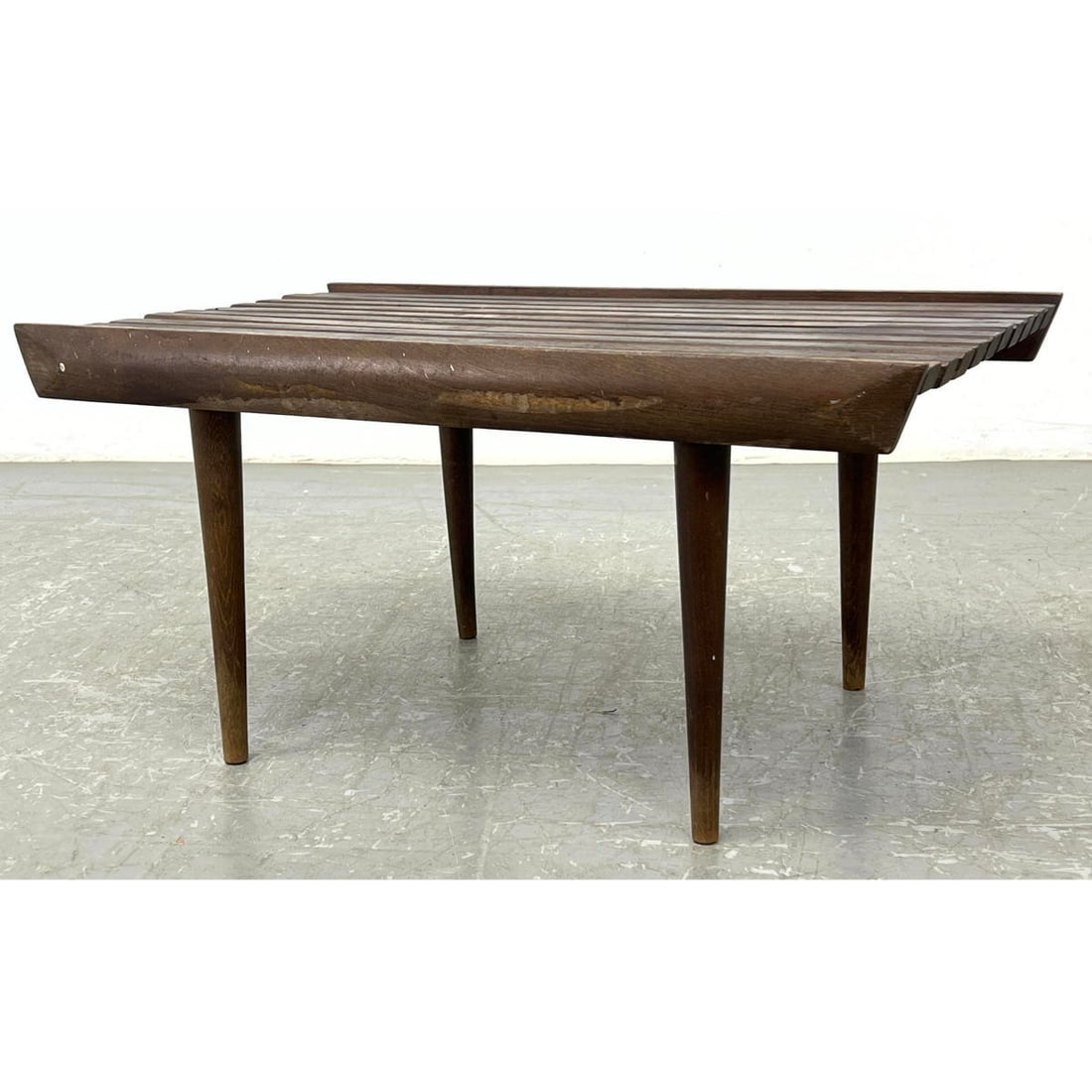 American Modern Slat Bench Coffee Table. Tapered Peg Legs. (1 of 10)