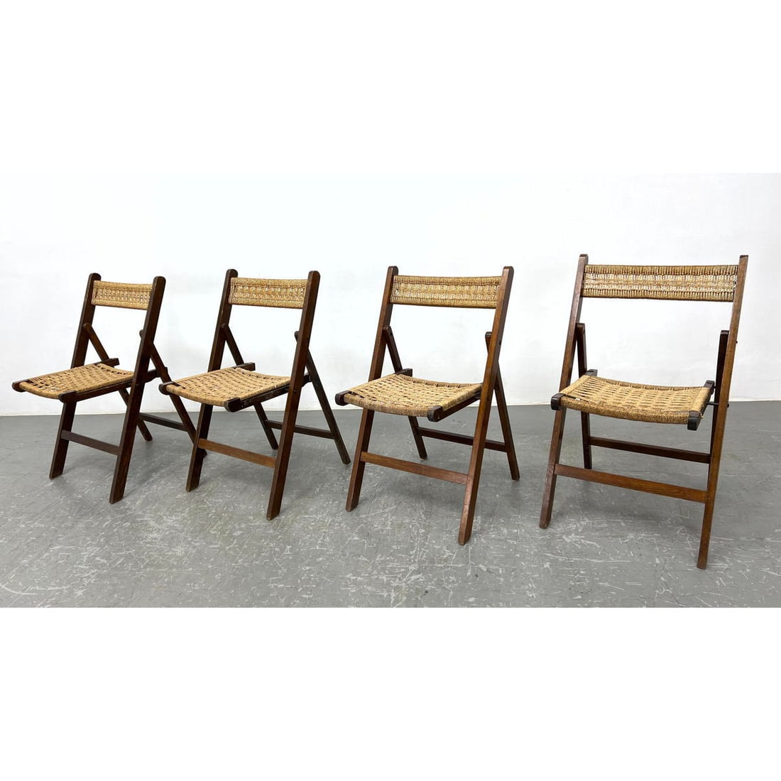 Set 4 Woven Rush Seats Wood Frame Folding Chairs.: Set 4 Woven Rush Seats Wood Frame Folding Chairs. Dimensions: Height: 32 inches, Width: 18 inches, Depth: 17 inches. - Seat Height: 18 inches ---