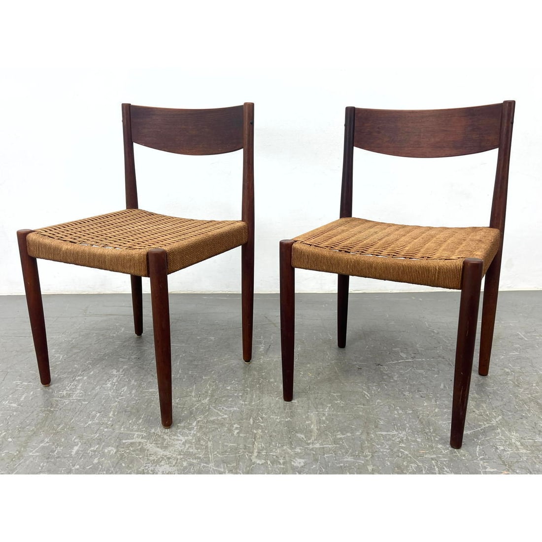 Pair Danish Modern Teak Dining Chairs.: Pair Danish Modern Teak Dining Chairs. Dimensions: Height: 29.5 inches, Width: 18 inches, Depth: 16 inches. - Seat Height: 17 inches ---