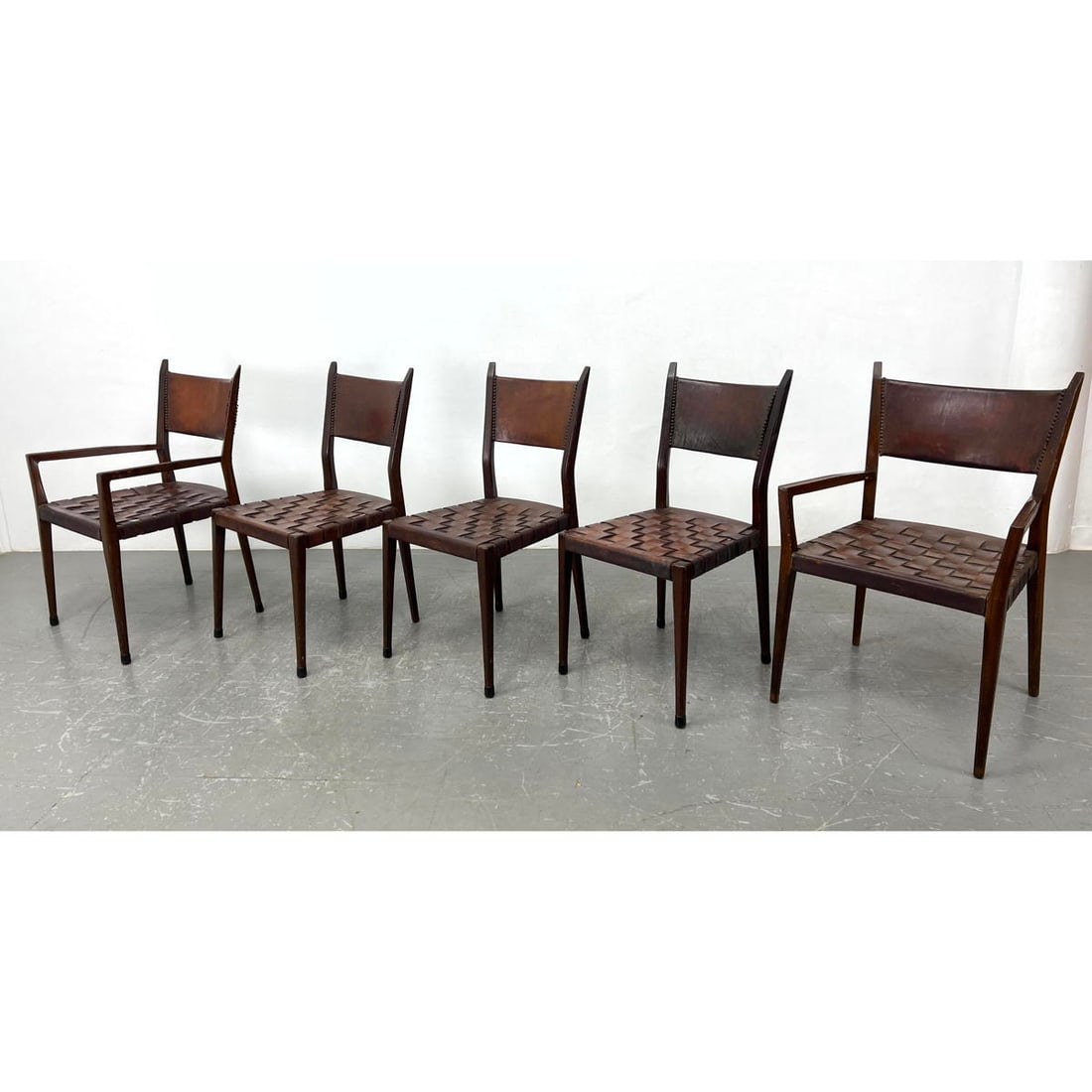 Set 5 Paul McCobb Dining Chairs.  Pair arm chairs and 3 side chairs.  Leather strap Seats. (1 of 16)