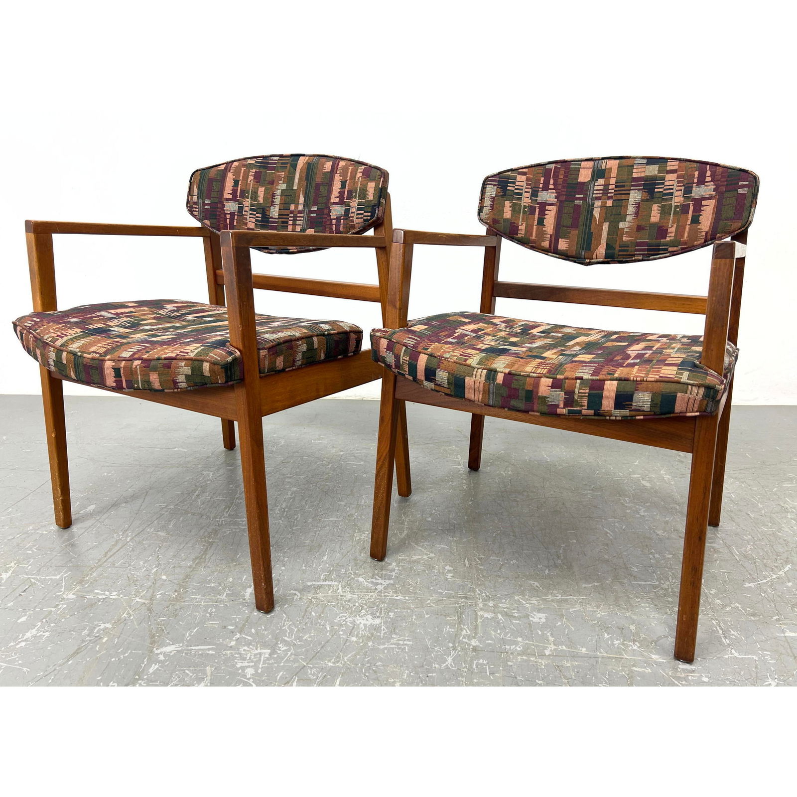 Pr Mid Century Walnut Frame Armchairs. Knoll Risom Style. Patterned Upholstery.: Pr Mid Century Walnut Frame Armchairs. Knoll Risom Style. Patterned Upholstery. Dimensions: Height: 29.5 inches, Width: 20.5 inches, Depth: 20 inches. - Seat Height: 17.5 inches ---