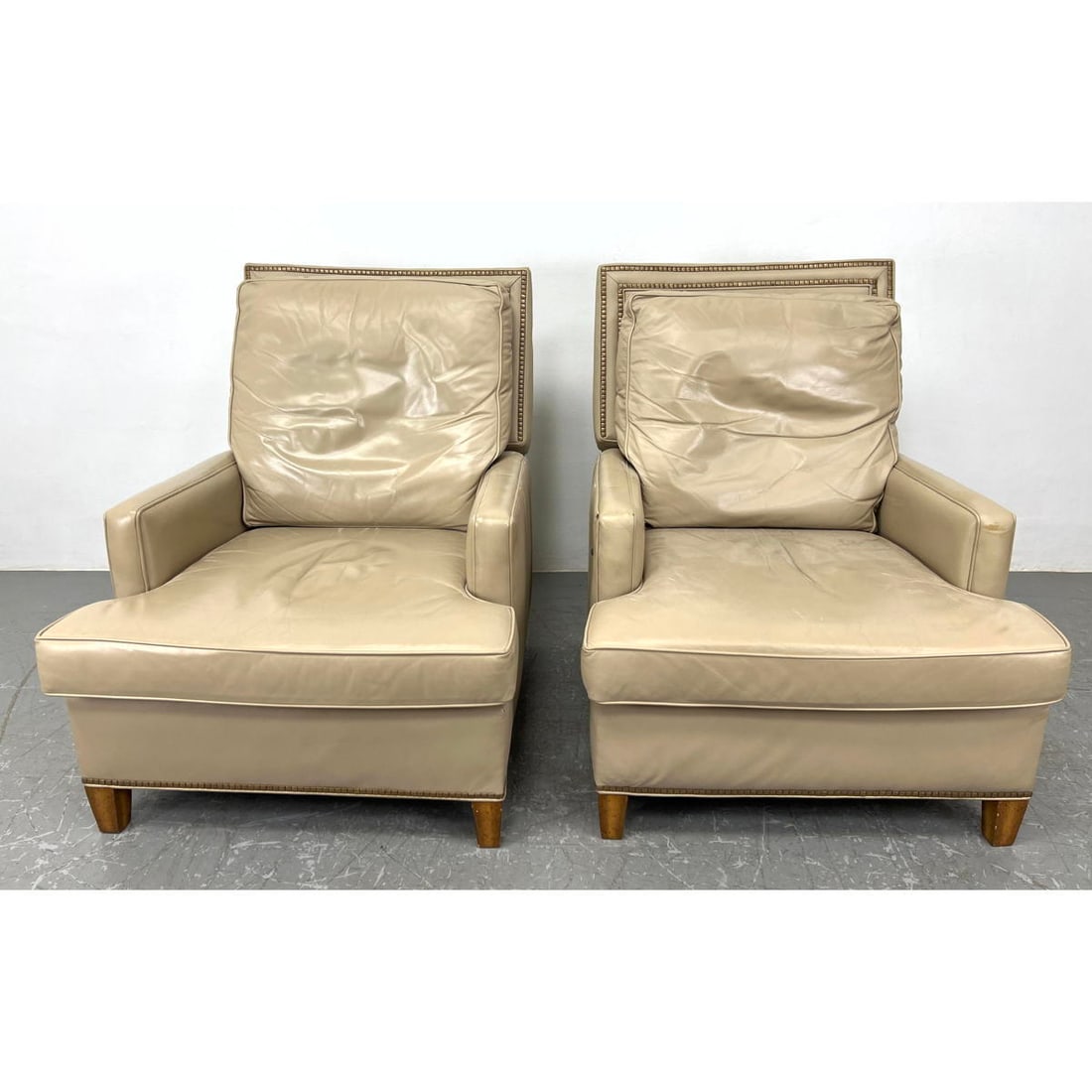 Pr HANCOCK and MOORE Beige Recliner Lounge Chairs. Leather Upholstery. Double row of brass studs. Wo (1 of 18)