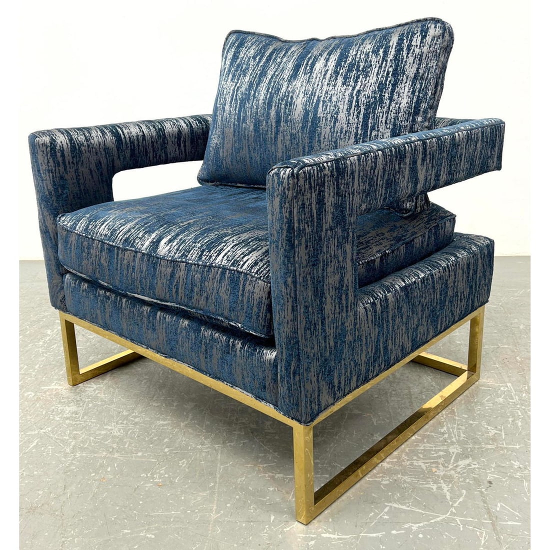 Contemporary brass tone cantilever lounge chair. Open back Milo Baughman style. Unmarked. (1 of 9)