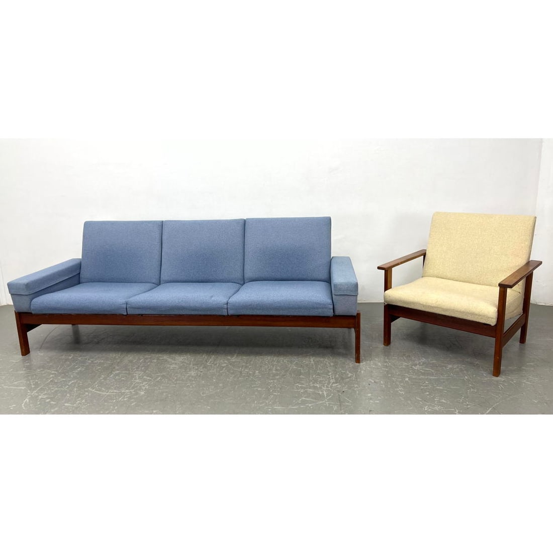 Teak Hans Wegner Style Modular Sofa and Chair. Brass hooks hold pieces in place on teak rails (1 of 14)