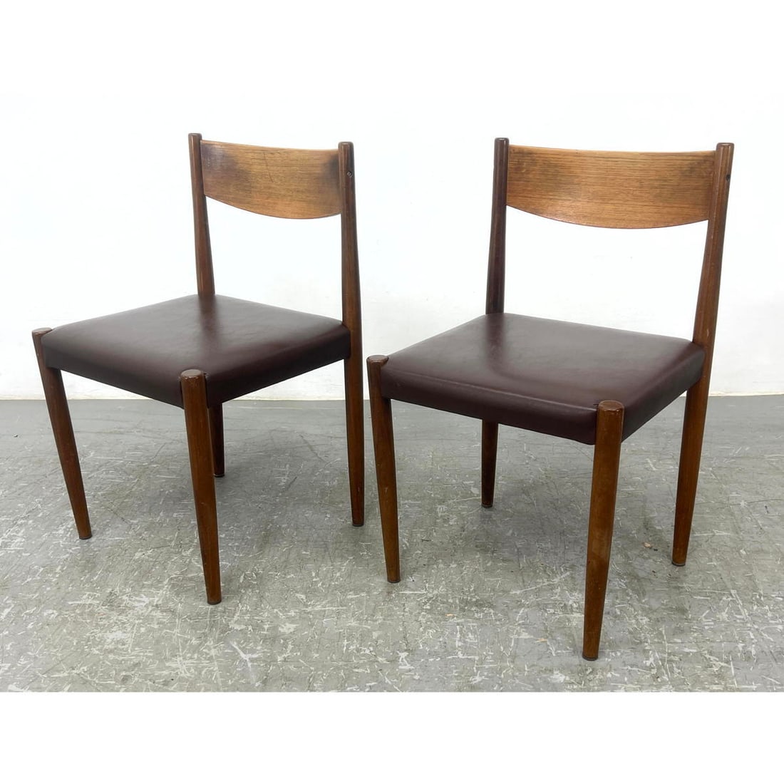 Pr Poul Volther for Frem Rojle Teak Chairs. Dining Side Chairs with brown vinyl seats. .: Pr Poul Volther for Frem Rojle Teak Chairs. Dining Side Chairs with brown vinyl seats. . Dimensions: Height: 30 inches, Width: 18 inches, Depth: 17.5 inches. - Seat Height: 17 inches ---