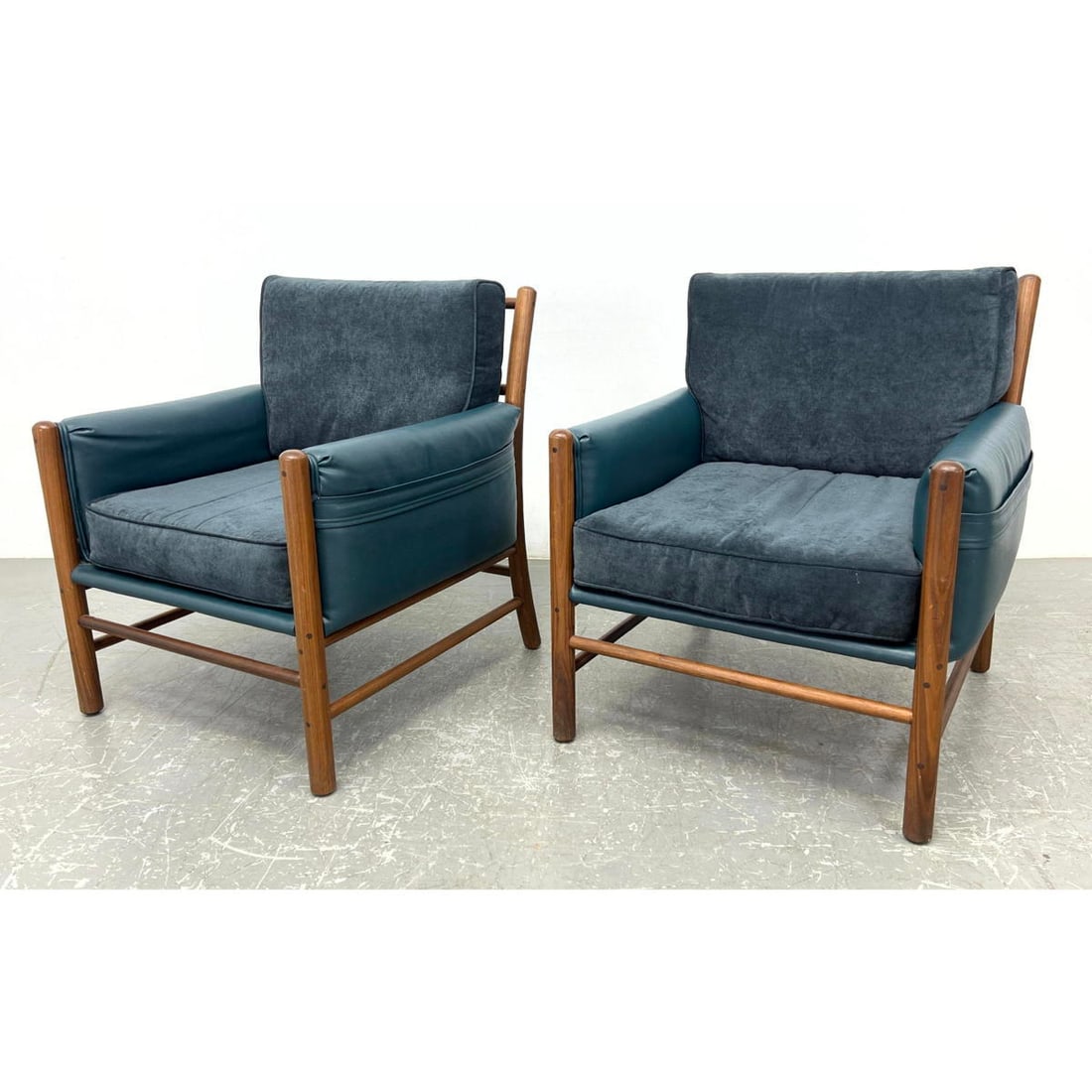 Pair Arne Norell Style Lounge Chairs. Modernist Lounge Chairs. Blue upholstery. dowel stretchers and (1 of 14)