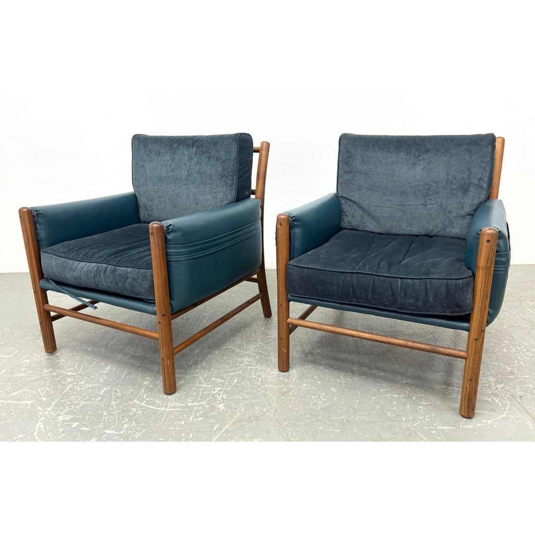 Pair Arne Norell Style Lounge Chairs Modernist Lounge Chairs. Blue upholstery. dowel stretchers and (1 of 17)