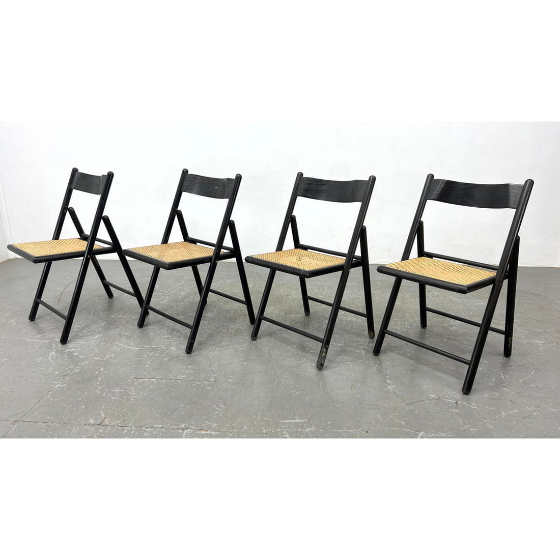 Set 4 Italian Cane Folding Chairs. Ebonized Wood Frames. Woven Cane Seats. (1 of 10)