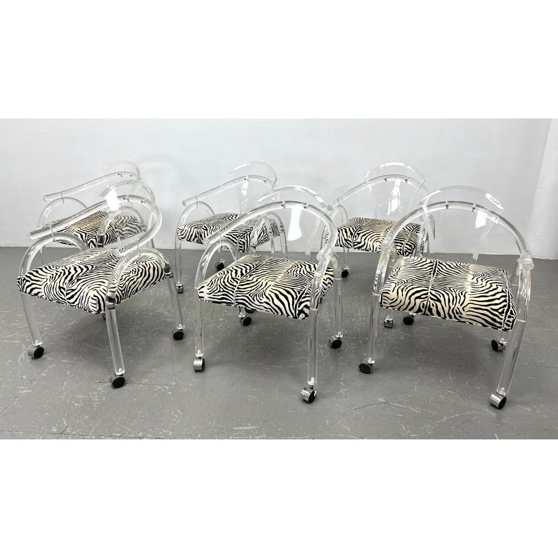 Set 6 Hollis Jones Lucite Dining Chairs. Modernist. Arched arm frames. Flared back rests. Casters on (1 of 13)
