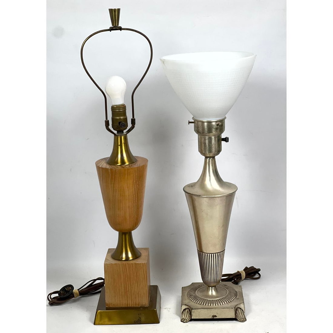 2pc Parzinger Style Table Lamps. each of urn form. One wood; one silvered metal. (1 of 10)