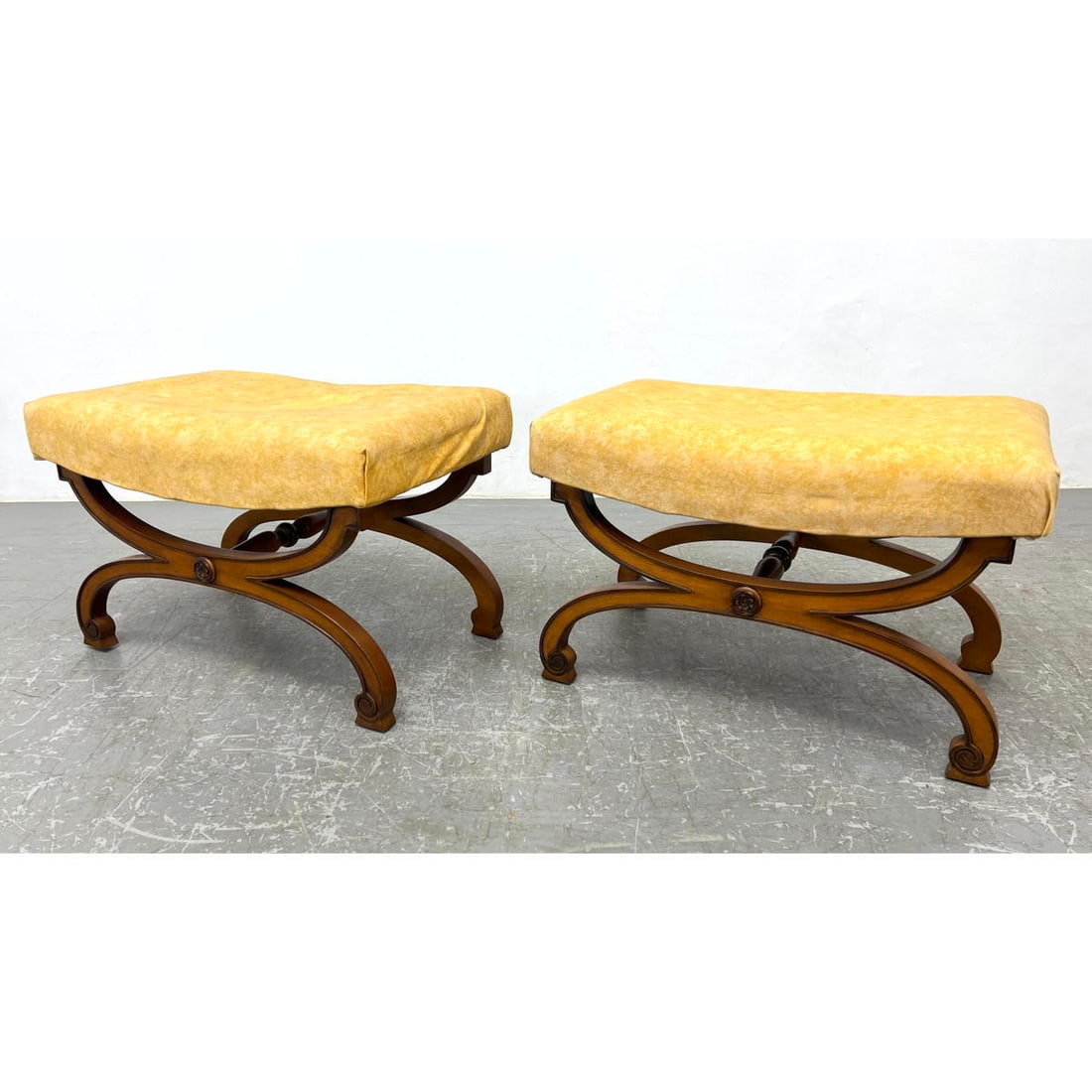 Pr Wood Frame Upholstered Stools Benches. Amateur upholstery job. TOMLINSON Label. (1 of 13)