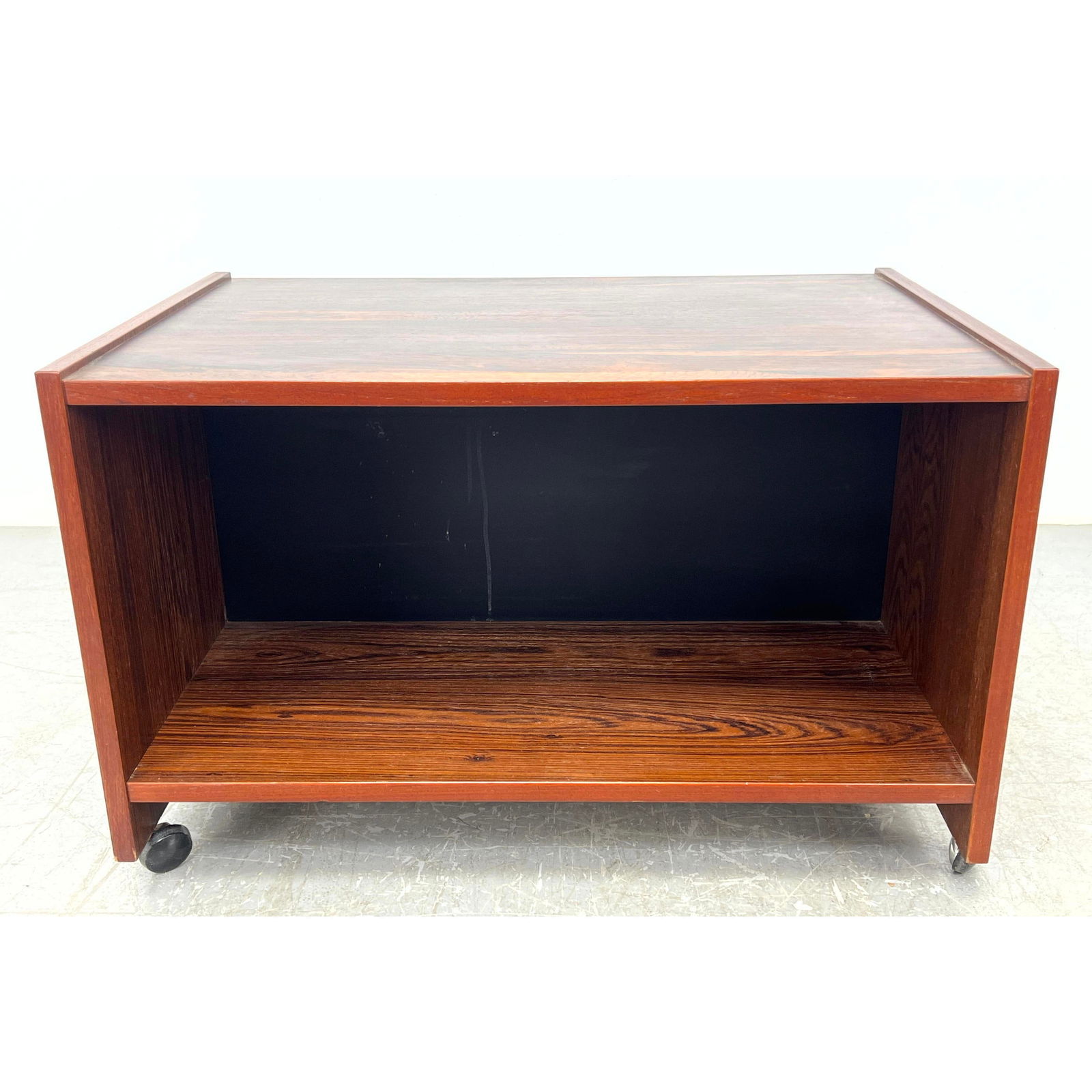 Danish Modern Rosewood Open Storage Cabinet. TV Stand. Rolls on Casters. (1 of 9)