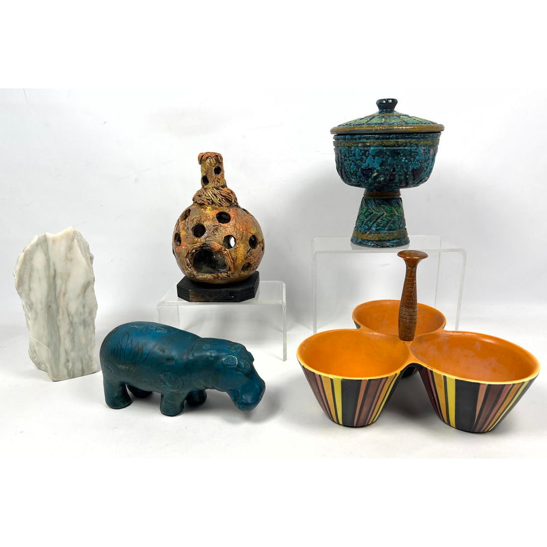 5pcs Mid Century Modern Tablewares. elephant figure, covered Italian dish, marble vase. (1 of 20)