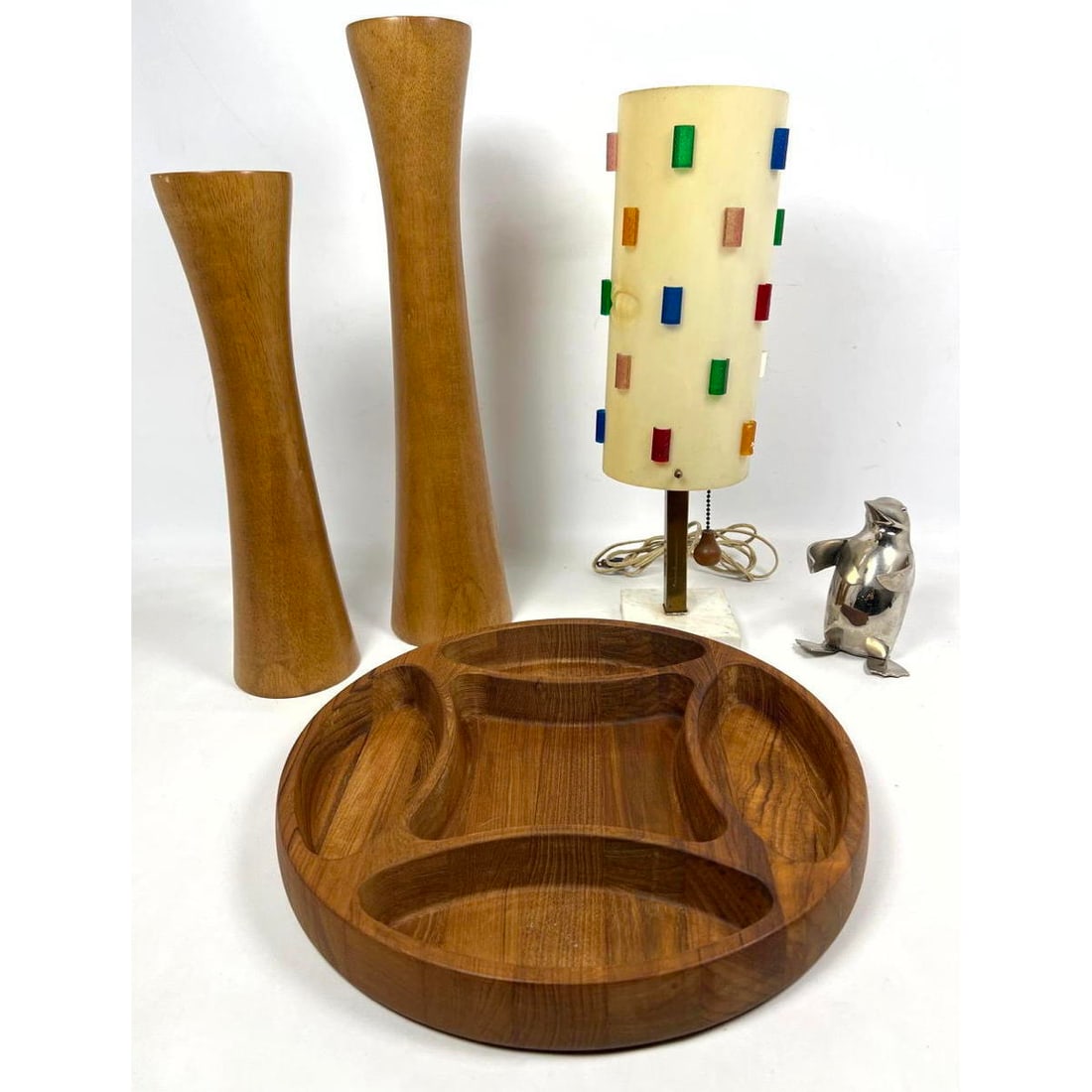 Mid Century Modern Accessories.  Teak tray, Modernist lamp, hourglass candle holders, Metal penguin. (1 of 20)